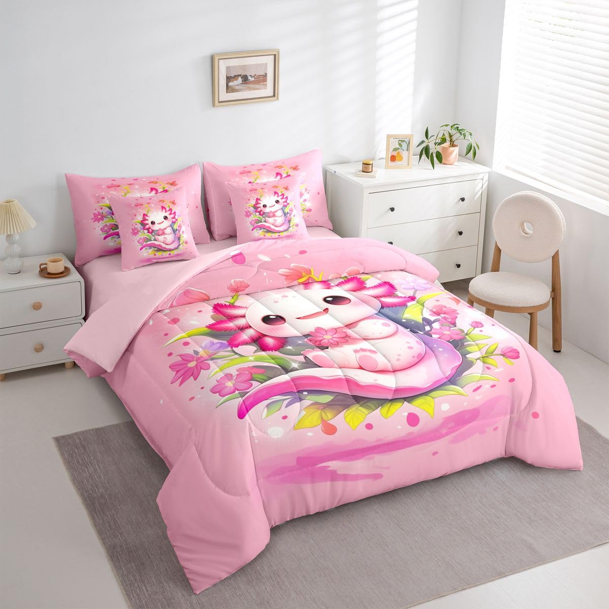 Girls Cute Axolotl Queen Bedding Set Kids Pink Floral Axolotl Comforter Set with Flat and Fitted Sheet Teens Girly Spring Petals Blossom 7-Piece Bed in a Bag Princess Dreamy Cartoon Animal Quilt Sets