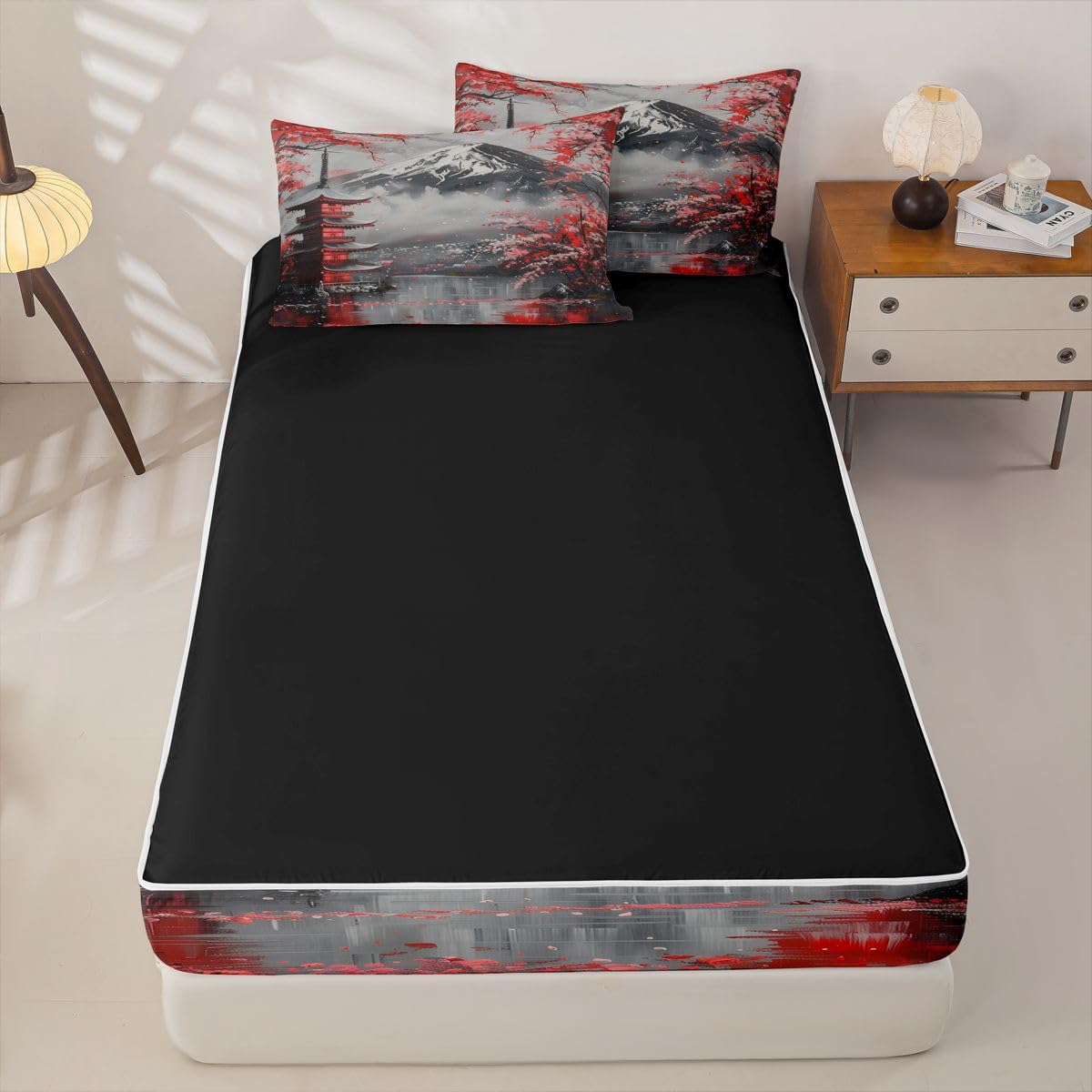Erosebridal Cherry Blossom Zipper Bedding Vintage Japanese Art Twin Bed in a Bag Set for Boys Girls Teen Mount Fuji Pavilions Kids Comforter Set with Fitted Sheet Red Flowers Zip Up Bedding