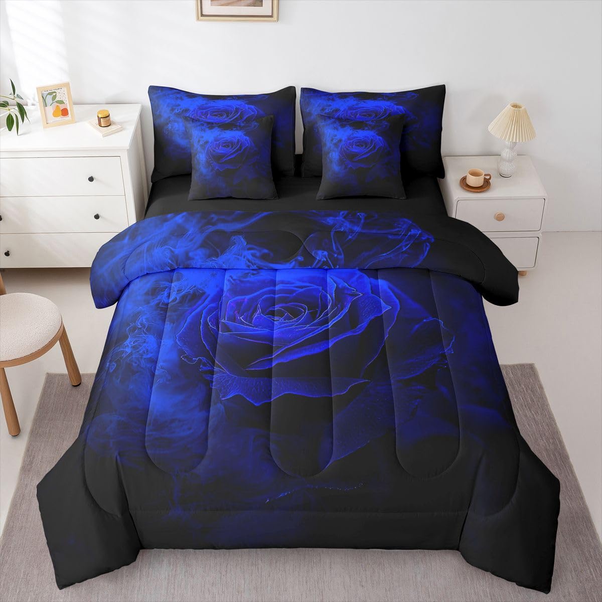 Erosebridal Rose Floral 7 Piece Comforter Set Full Ombre Black Blue Bedding Set for Girls Women Romantic Valentine Sheets 3D Print Flowers Quilt Comforter Blossom Petals Sheet Set Bedroom Decor