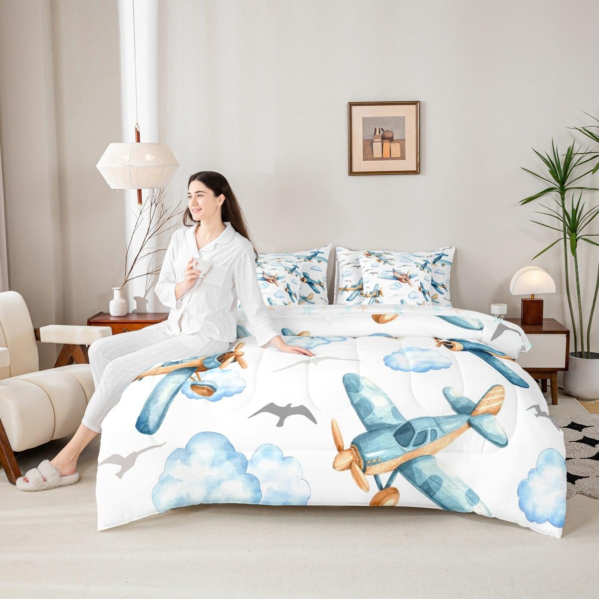 Erosebridal Boys Cartoon Propeller Plane Twin 7 Pcs Bedding Set, Aircraft Airplane Comforter Set with Sheets, Blue Clouds Bed in A Bag for Kids Girls Adults Bedroom, Flying Birds Animals Bed Sets