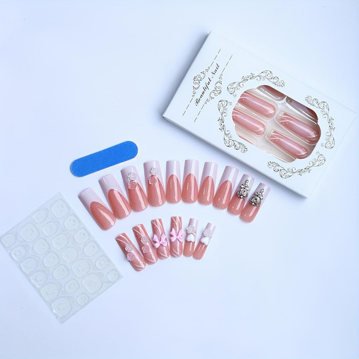 Pink Press on Nails Long Square Fake Nails White French tip Glue on Nails with 3D Rose, Bow, Gem Staff Charms Designs Full Cover Valentine’s Day False Nails for Women Manicure 24Pcs