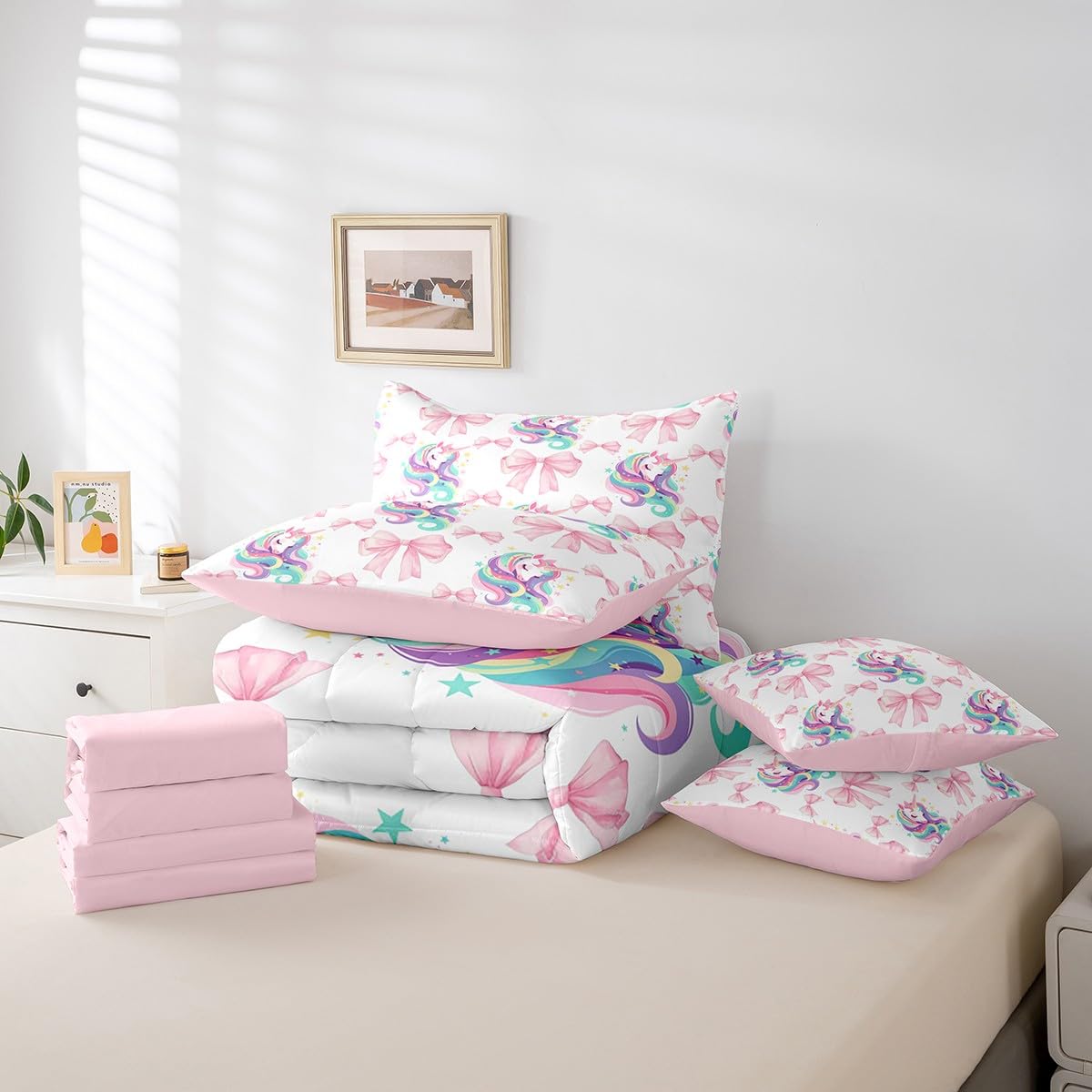 Erosebridal 7 Piece Girls Pink Bowknot King Bedding Set,Kawaii Rainbow Unicorn Kids Comforter Set for Teens,Dreamy Princess Style Quilt,Girly Unicorn Bow Tie Sheet Set with Comforter