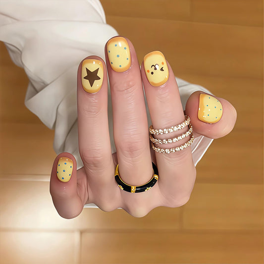 BABALAL Press On Nails, Short Square Fake Nails, Yellow with Star Polka Dot & Cute Anime Design, Glossy Kawaii Daily Wear Glue On Nails 24Pcs