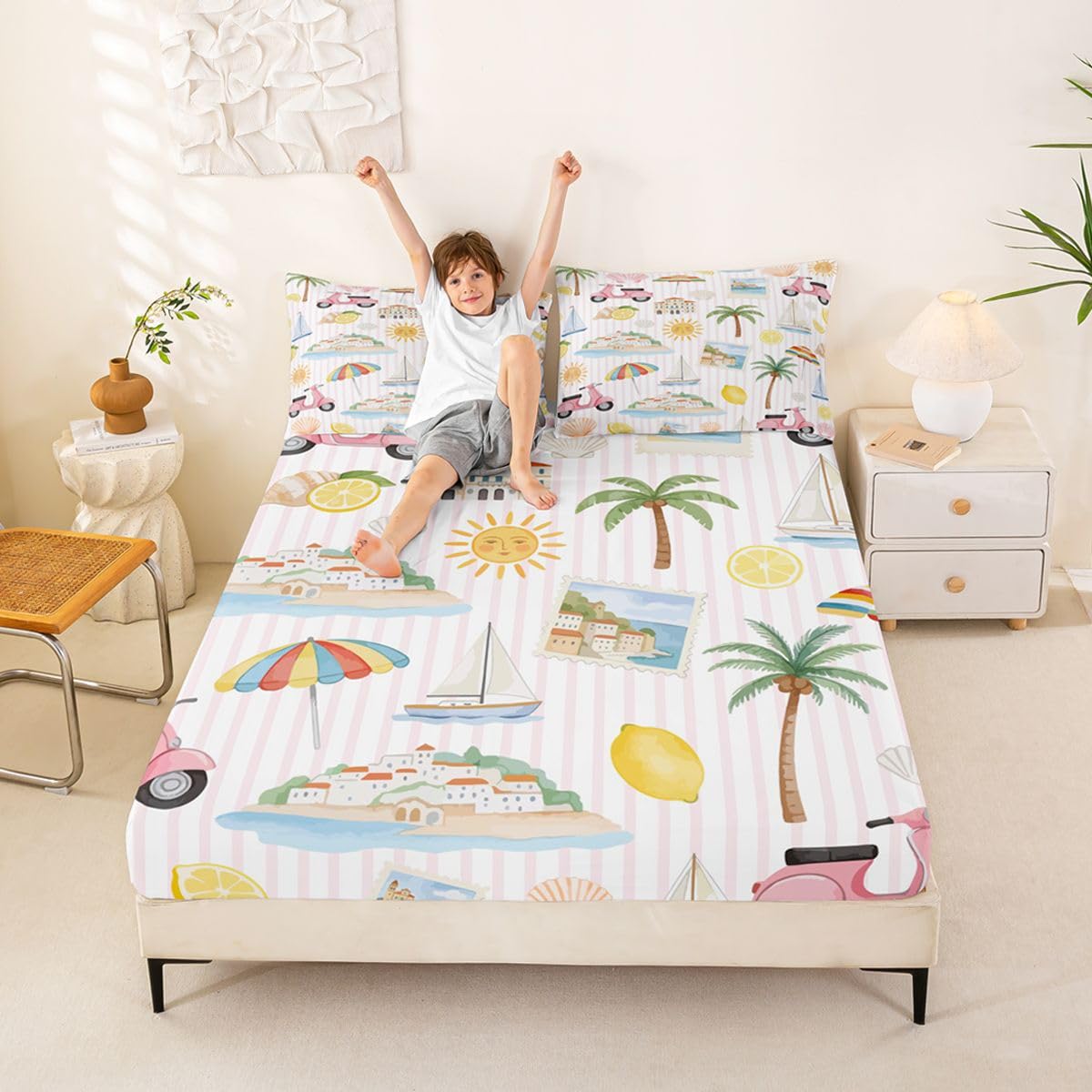 Summer Coastal Fitted Sheets Full Size (No Flat),Ocean Beach Life Bedding Set 3Pcs,Kids Teens Woman Room Decor,Tropical Coconut Tree Lemon Bed Sheet Sun and Pink Bike Deep Pocket Sheet,2 Pillowcases