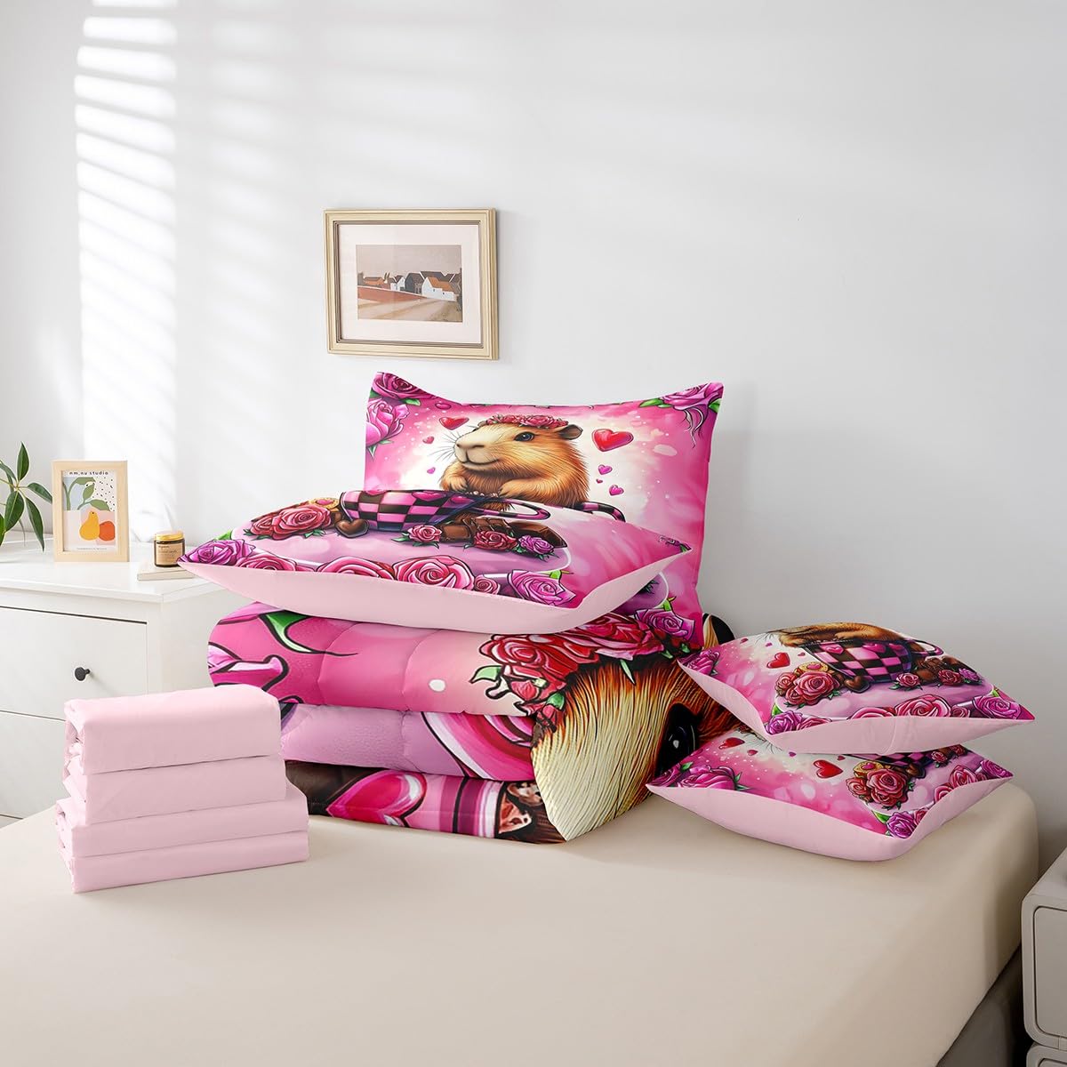 Feelyou Kids Valentine's Day Comforter Set with Sheets Queen Size, Rose Bed in A Bag Love Heart 7 Pieces Bedding Set Boys Girls Romantic Teens Bed Set Bedroom Decor 7Pcs