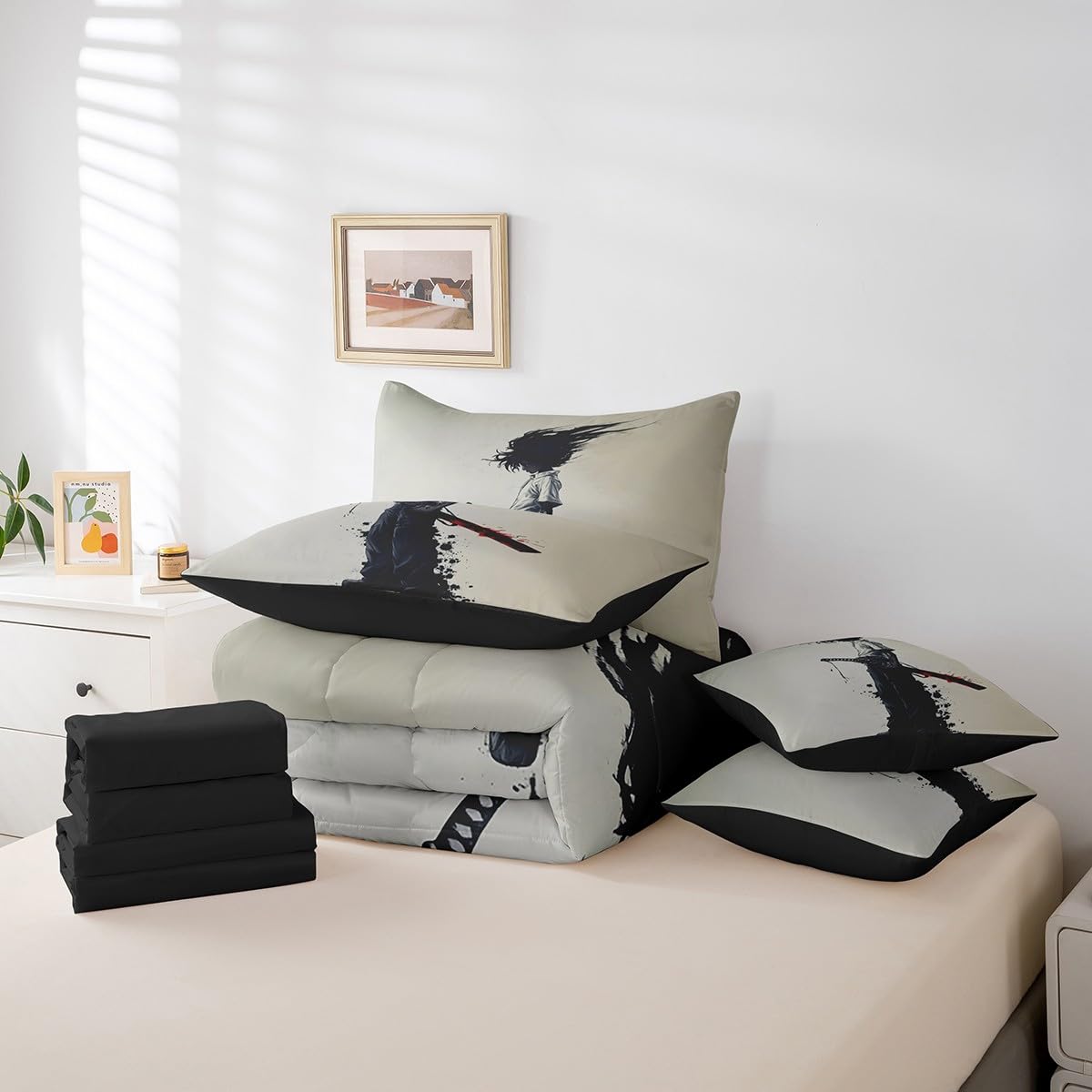 jejeloiu Kids Afro Samurai Comforter Set 7 Pieces Full Size Anime Bedding Set for Boys Girls Japanese Style Bed in a Bag with Comforter, Sheets, Pillowcases & Cushion Covers