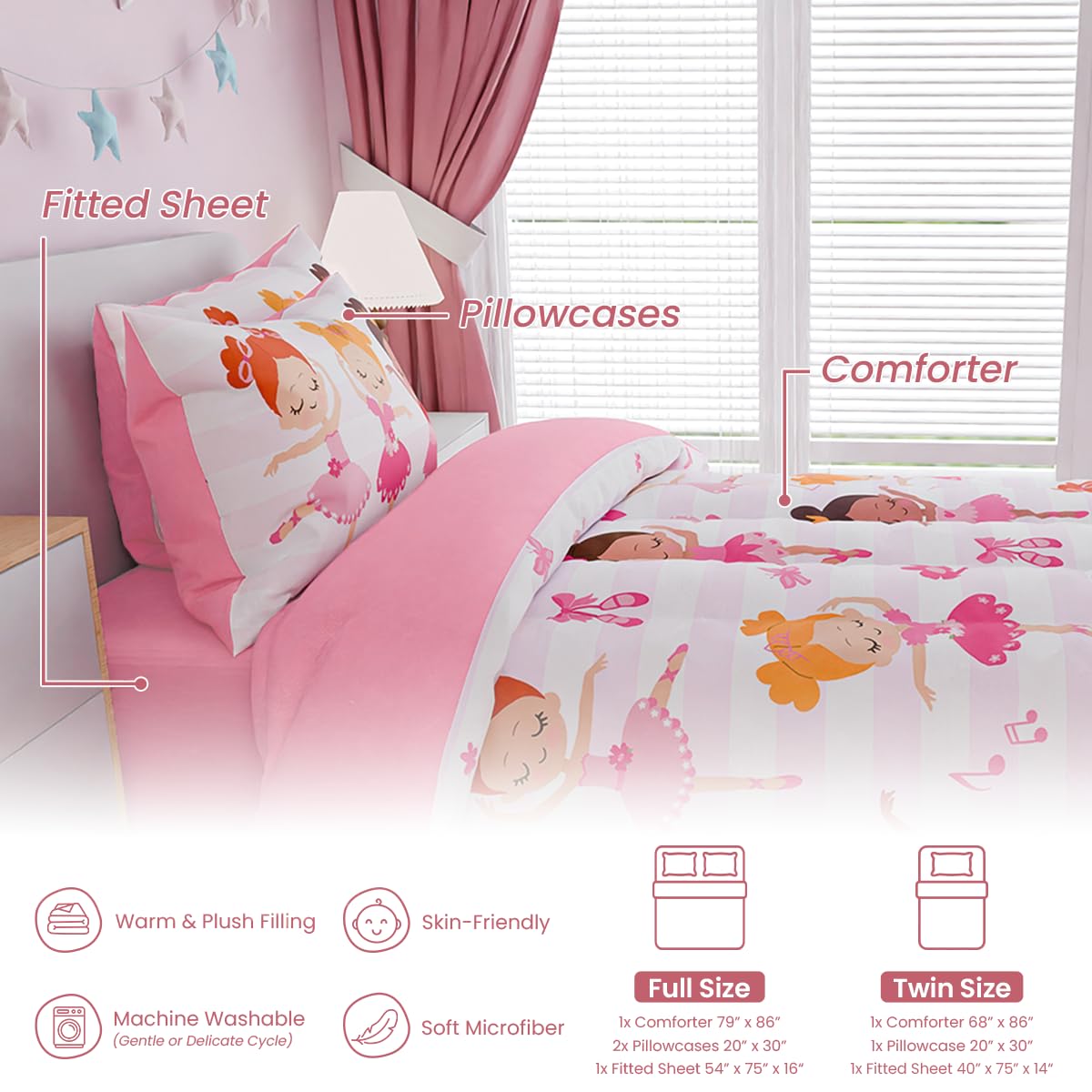 SANDJEST Ballet Twin Bedding Sets for Girls, Ultra Soft Microfiber Comforter Set with 3-Pieces, Comforters Kids Bed Set for Children Teen Tween Bedroom Decor
