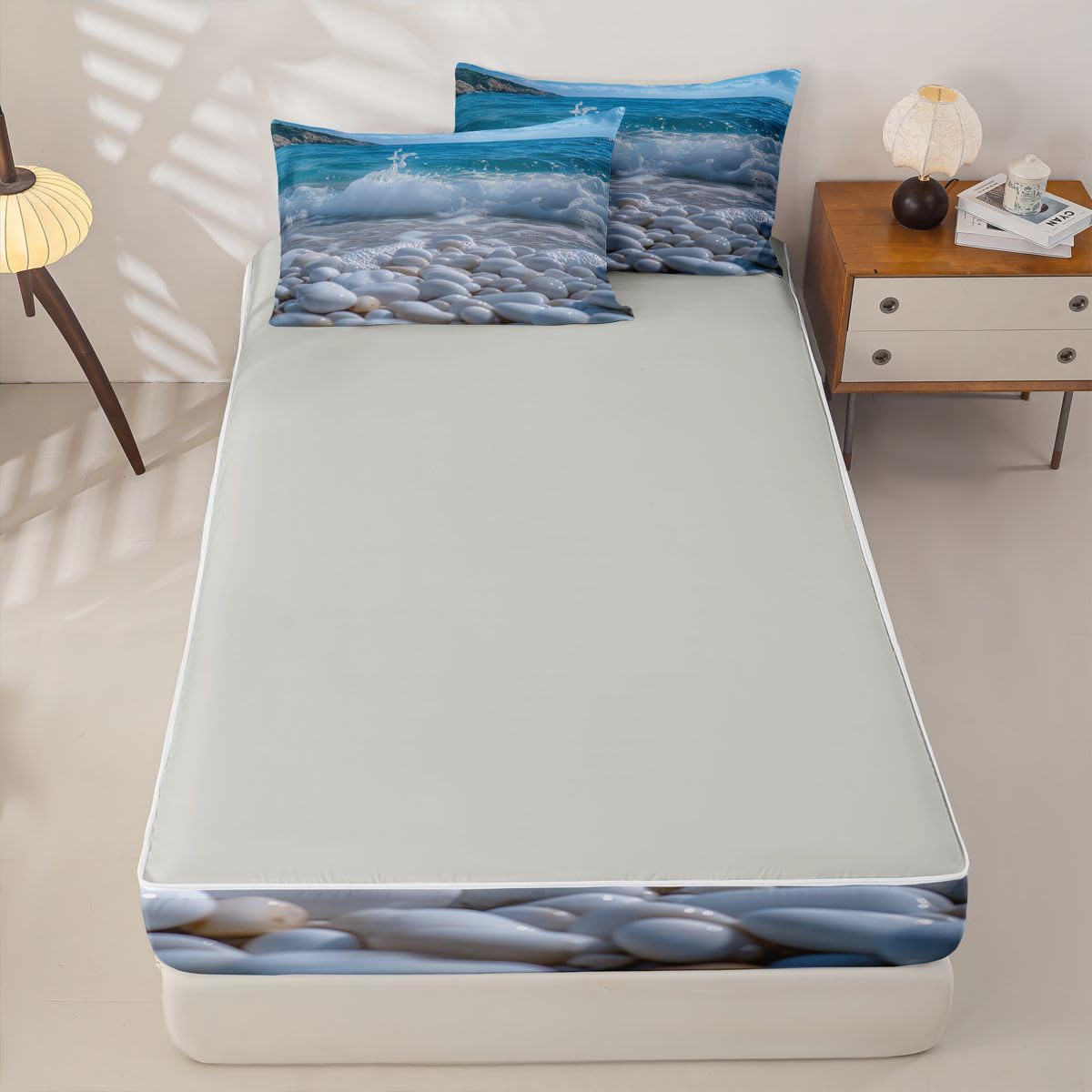 Erosebridal Pebble Zipper Comforter Set Twin Beach Cobble Print Bedding Set 3D Stone Gravel Bed in a Bag Hawaii Beach Zippered Quilt Fitted Sheet,2 Pillowcases