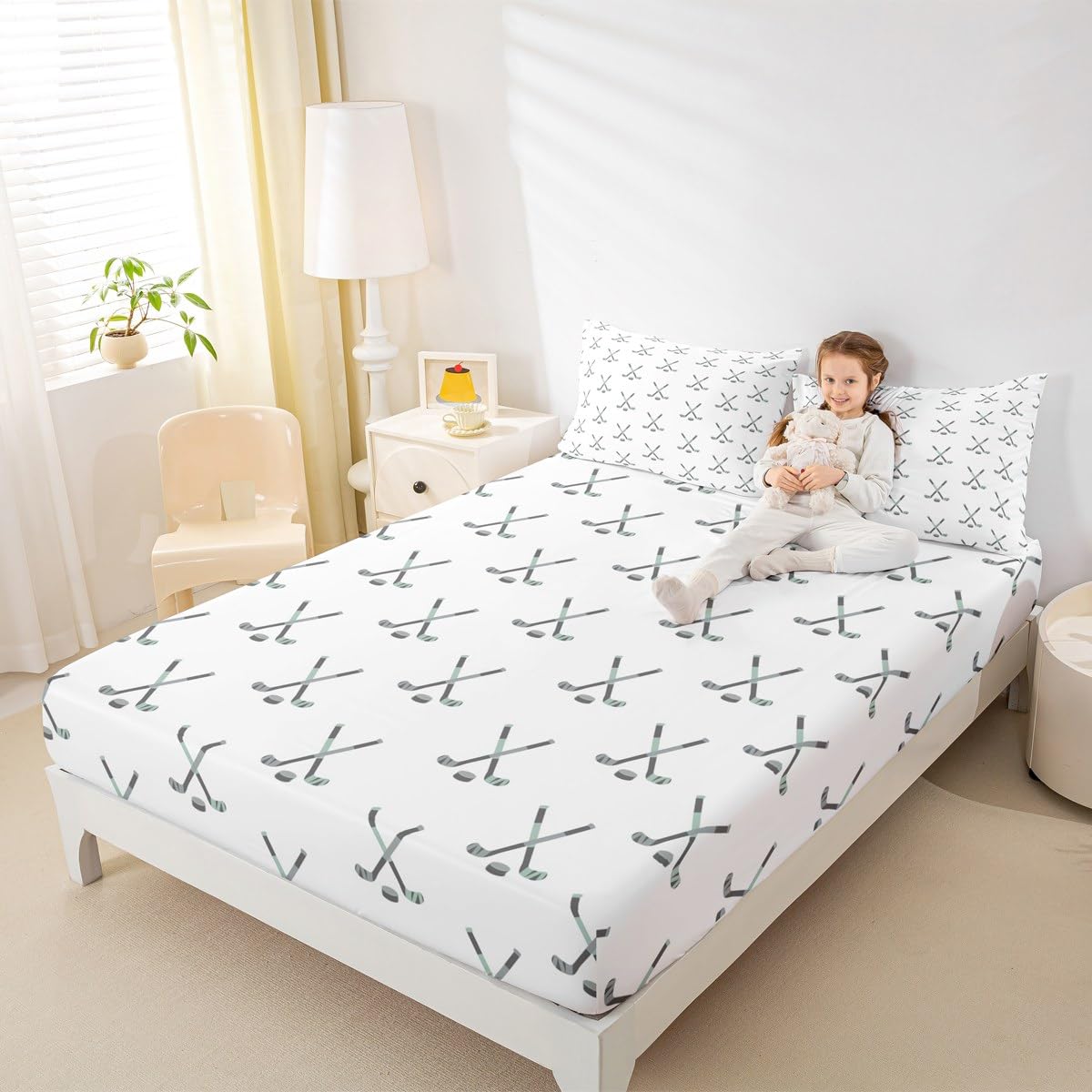 Feelyou Ice Puck Game Sheets for Girls Boys Kids Ice Hockey Bedding Set Sports Player Bed Sheet Set Hockey Sports Sheets with Deep Pocket Fitted Sheet Full 4Pcs