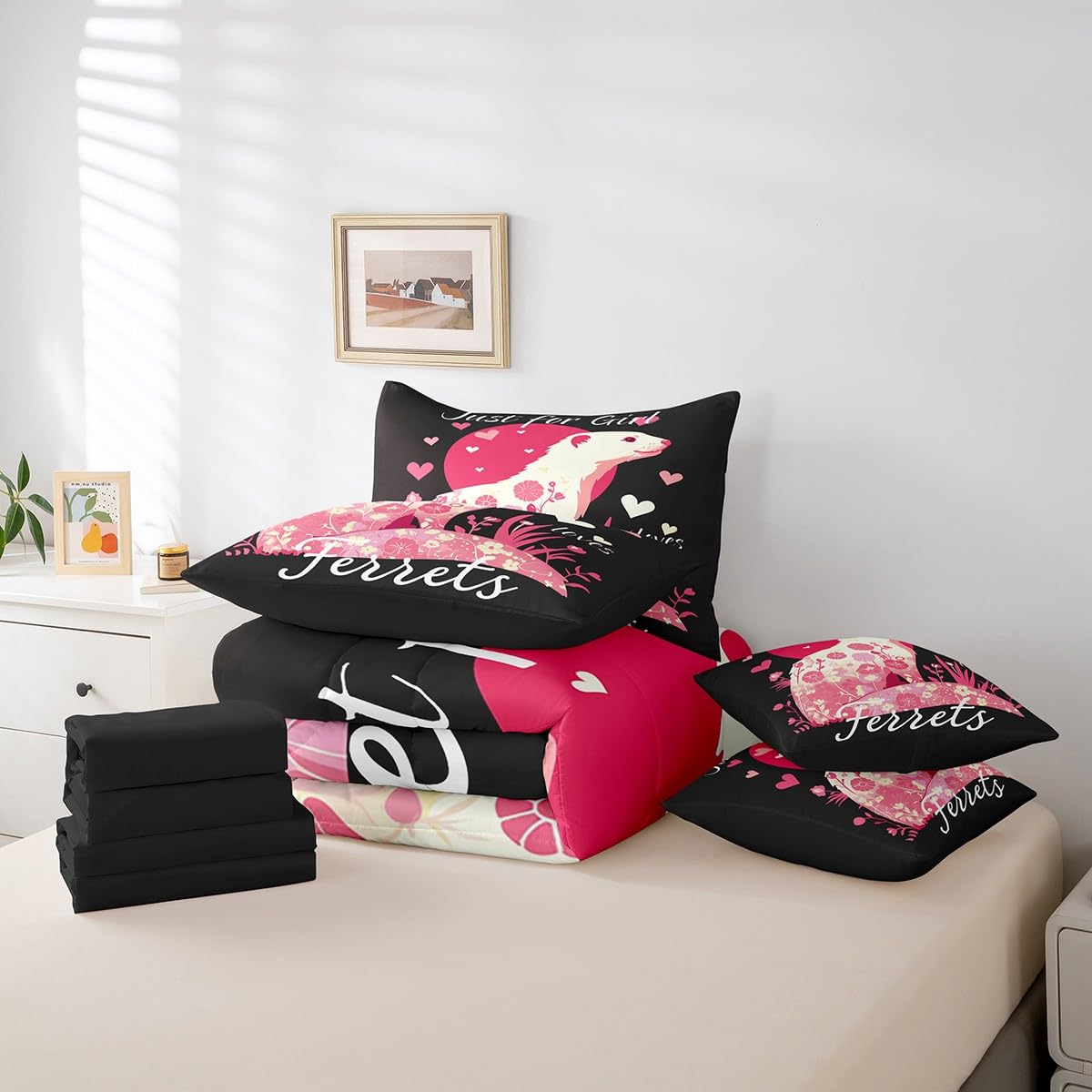 Erosebridal Ferret Comforter Set 7 Piece Bed in a Bag Twin,Abstract Flower Guinea Pig Bedding Sets Lovely Cavy Comforter and Sheet Set,Boho Floral Cute Animal Bed Set