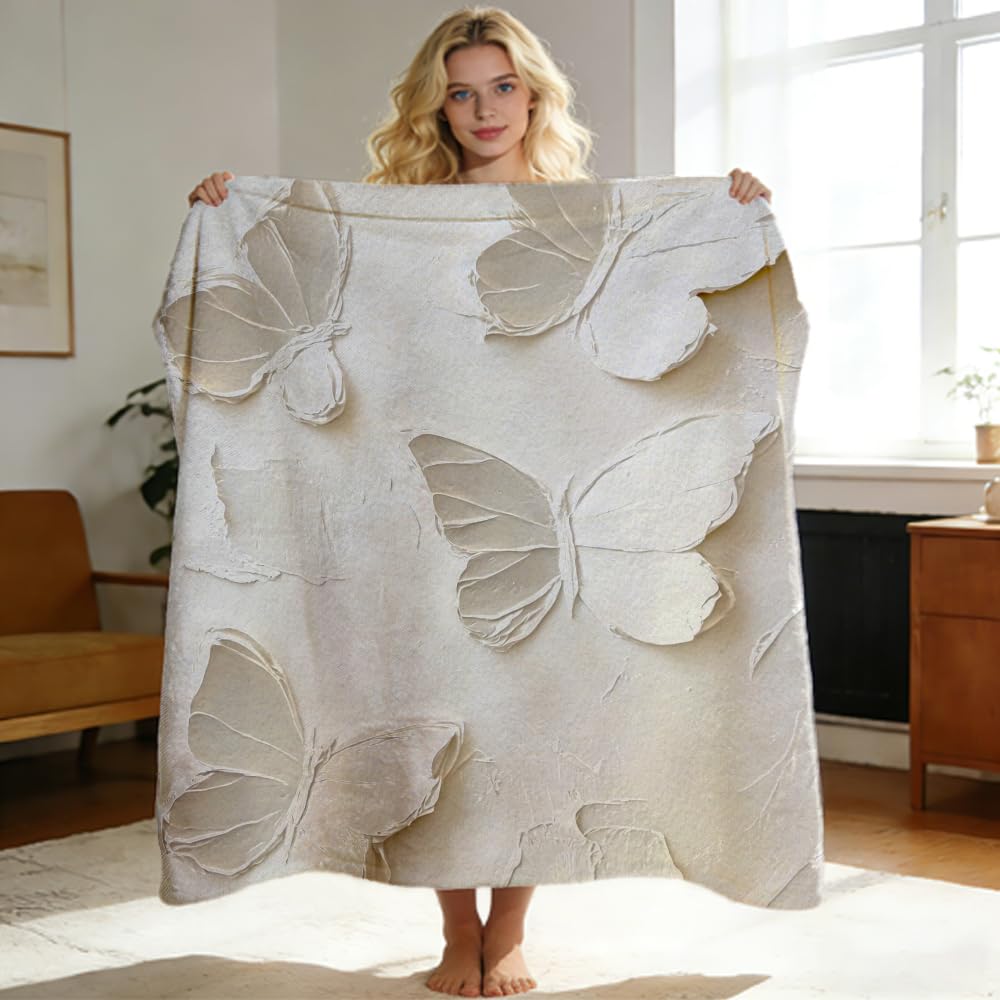 ZHOUSHUTONG Butterfly Throw Blanket Elegant White Butterflies Floral Print Gifts for Women Girls Super Soft Warm Cozy Flannel Blanket for Couch Sofa Bedroom Office Home Decor 49"x59"