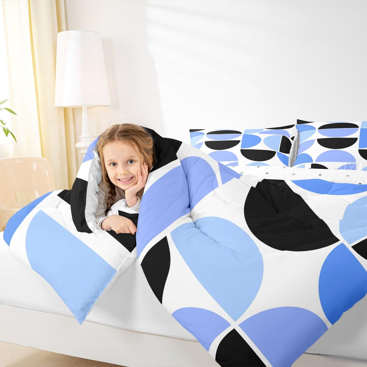 Erosebridal Blue and White Black Comforter Set Mid Century Bedding Set Queen Size,Modern Abstract Geometric Quilt for Kids Boys Girls Adults Retro Boho Art Down Comforter
