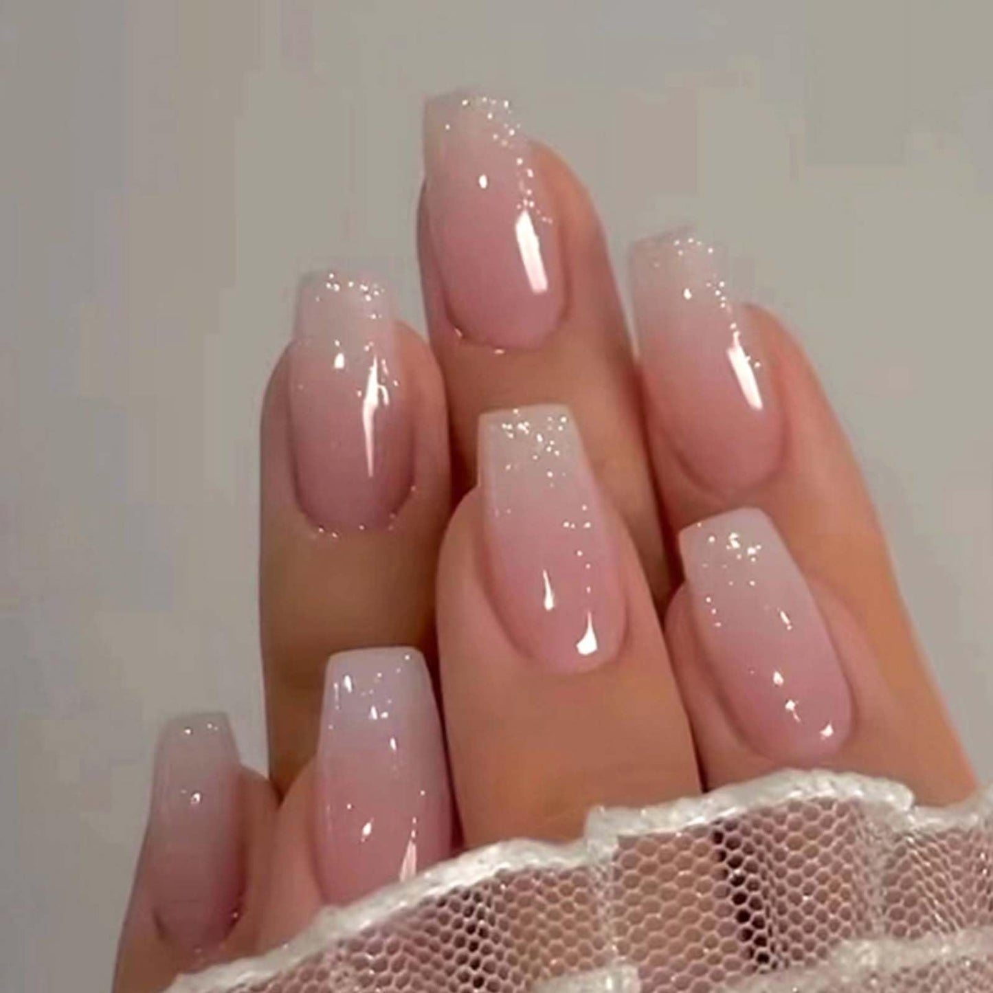 YoYoee Long Coffin False Nails Pink Gradient Press on Nails Glitter Fake Nails Full Cover Stick on Nails for Women and Girls 24PCS