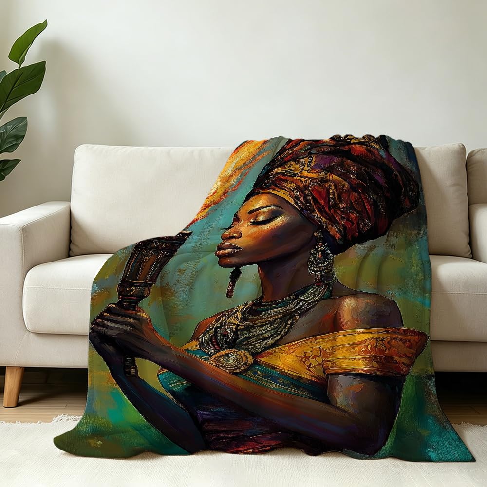 HUNXIAOJ African American Throw Blanket Black Girl Blanket African Gifts for Women Tribal Bedding Ethnic Decor Warm Soft Flannel for Sofa Couch (49in x 59in)
