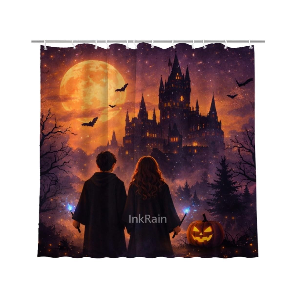 InkRain Halloween Shower Curtain 72x80 Inch with 12 Hooks, Spooky Moon Night Design, Gothic Halloween Bathroom Decor, Waterproof Fabric Bath Curtain for Home Bathroom