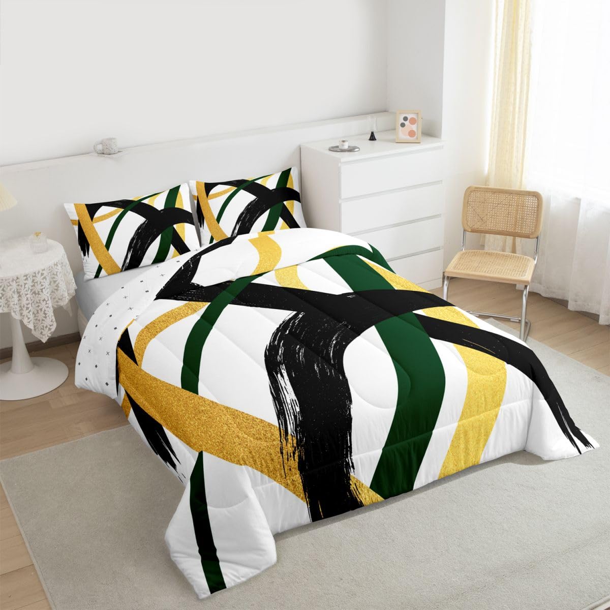 Feelyou Black Gold Green Comforter Set All Season Modern Abstract Geometric Bedding Set with 2 Pillow Cases Minimalist Neutral Microfiber Kids Queen Duvet Quilt Breathable Soft Lightweight