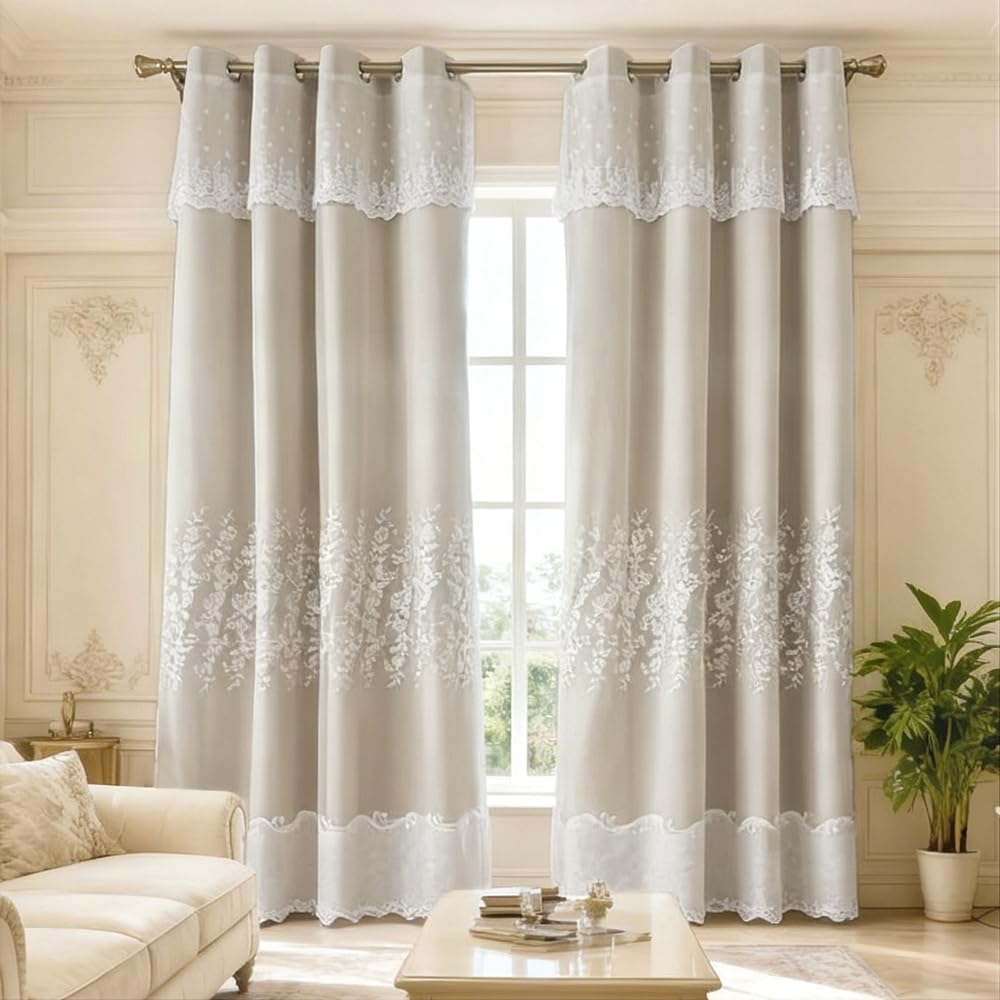 Amidoudou 1 Pair European Double Layer Curtains for Living Room Bedroom Luxury Flower Embroidered Curtains with Valance (Beige,66x96 Inch)