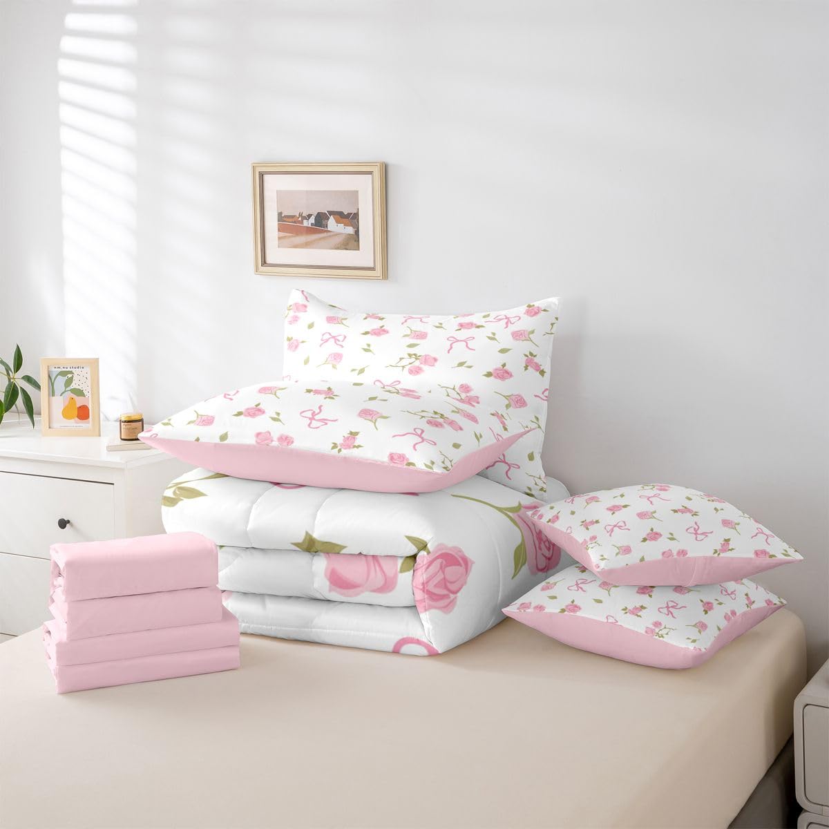 Erosebridal Pink Bowknot 7 Piece Bedding Set Full Size Rose Floral Bed in A Bag Coquette Bows Comforter with Sheets Princess Ballet Bow Bed Sets
