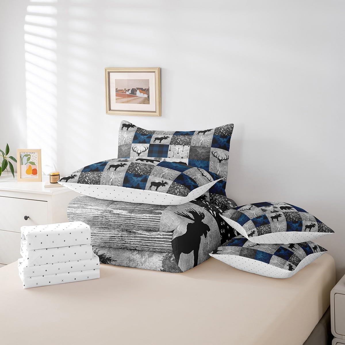 Erosebridal 7 Pcs Hunting Animal Comforter Set Twin Size,Rustic Bear Deer Bed in a Bag with Flat Fitted Sheet for Kids and Adults,Camper Plaid Check Bedding Set with Pillowcases and Cushion Cases