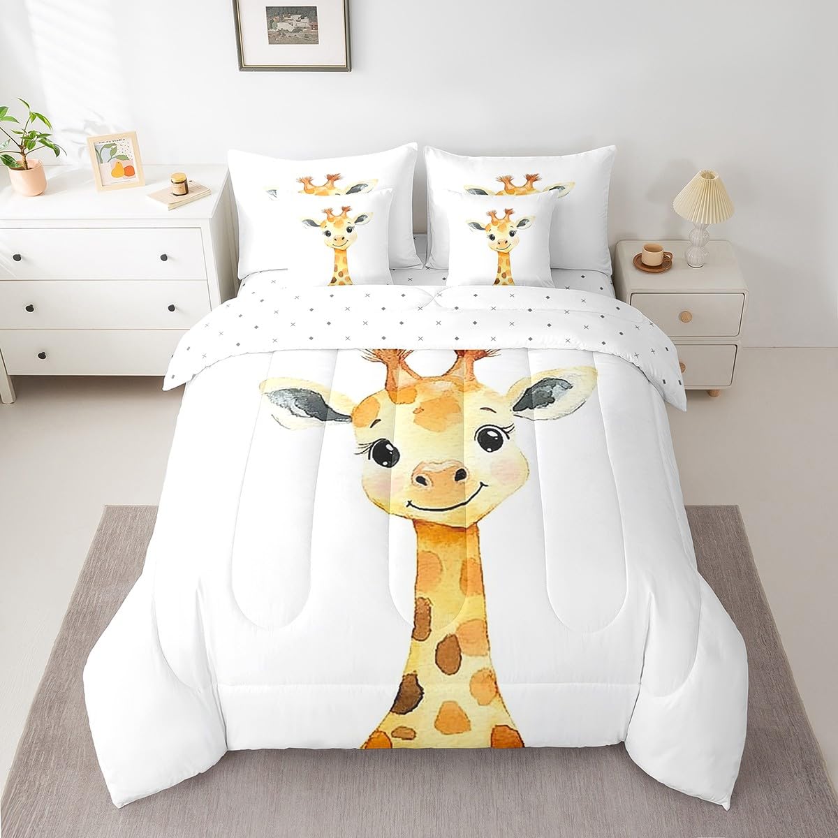 Erosebridal Kawaii Giraffe Twin Size Comforter Set with Sheets Kids | African Jungle Animal 7-Piece Bedding Set Tropical Forest Wildlife Pattern Bed in a Bag Cartoon Wild Safari Animal Bed Quilt Sets