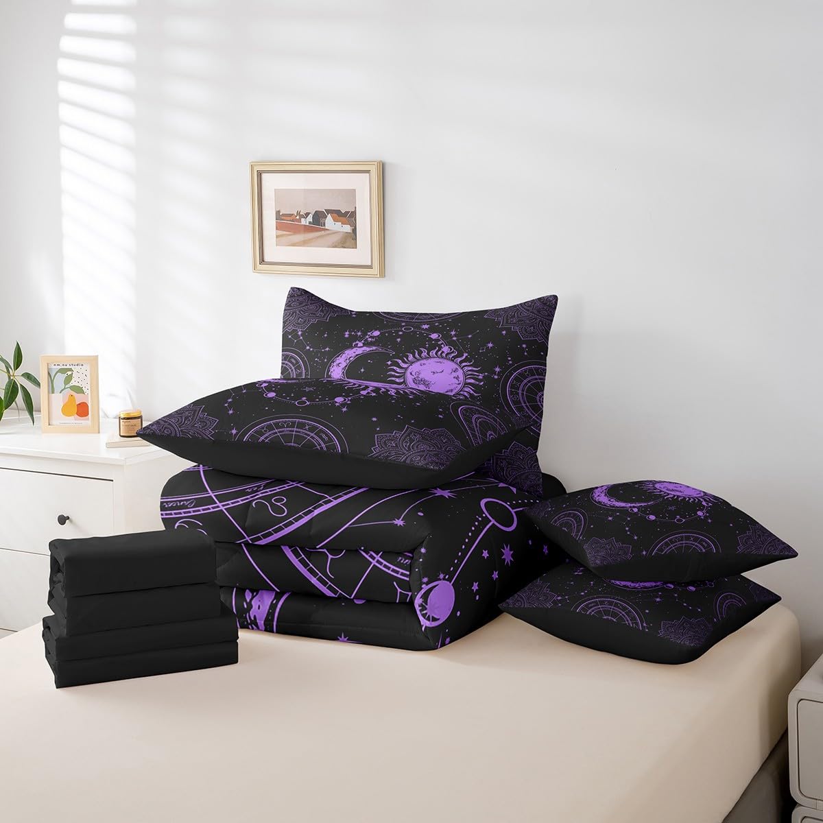 Feelyou Sun and Moon 7 Piece Bedding Set, Constellation Galaxy Comforter Set Cover for Kids Boys Girls Teens Psychedelic Boho Mandala Bedding Set Celestial Puprle Black Queen Size