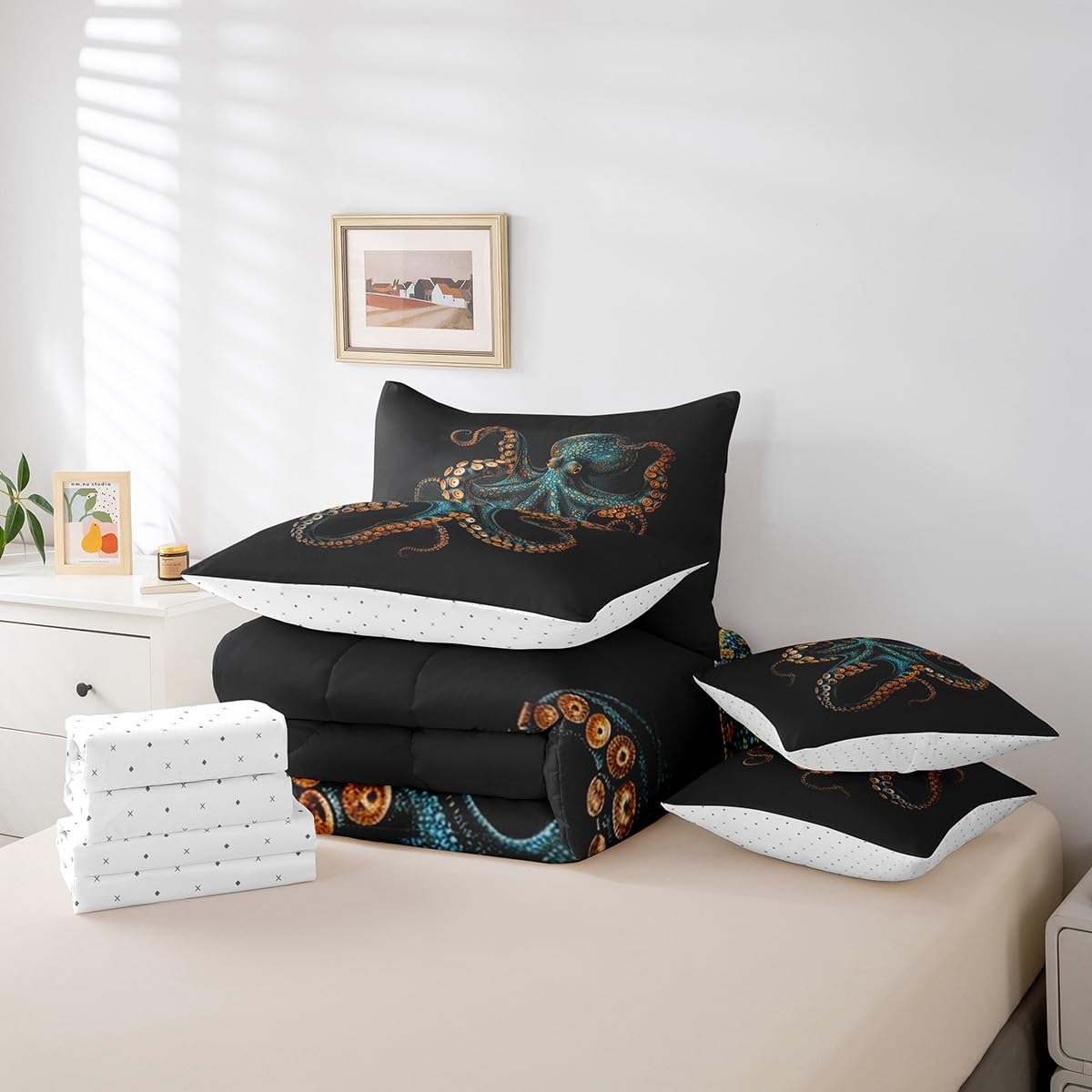 Feelyou Blue Black Octopus 7 Pieces Bedding Set Tentacles Twin Comforter Set with Sheets for Boys Girls Kids Room Decor Ocean Kraken Bed in a Bag Sealife Sea Animal Bed Set Bedroom