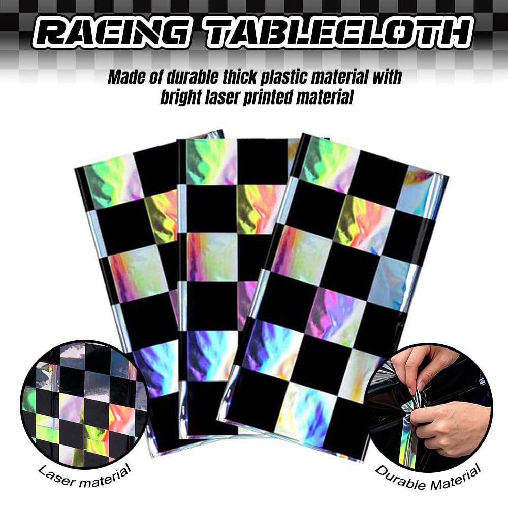 2Pack Iridescent Race Car Checkered Tablecloth Disposable Party Decorations
