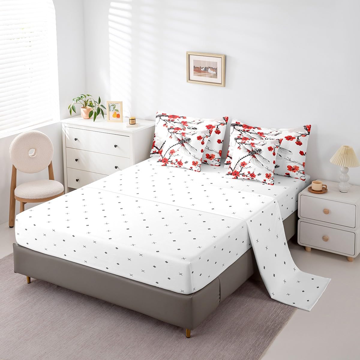 Erosebridal Red Floral Flower Comforter Set Queen,Hippie Dragonfly Bedding Set 7Pcs for Kids Boys Girls,Spring Cherry Blossom Bed in a Bag