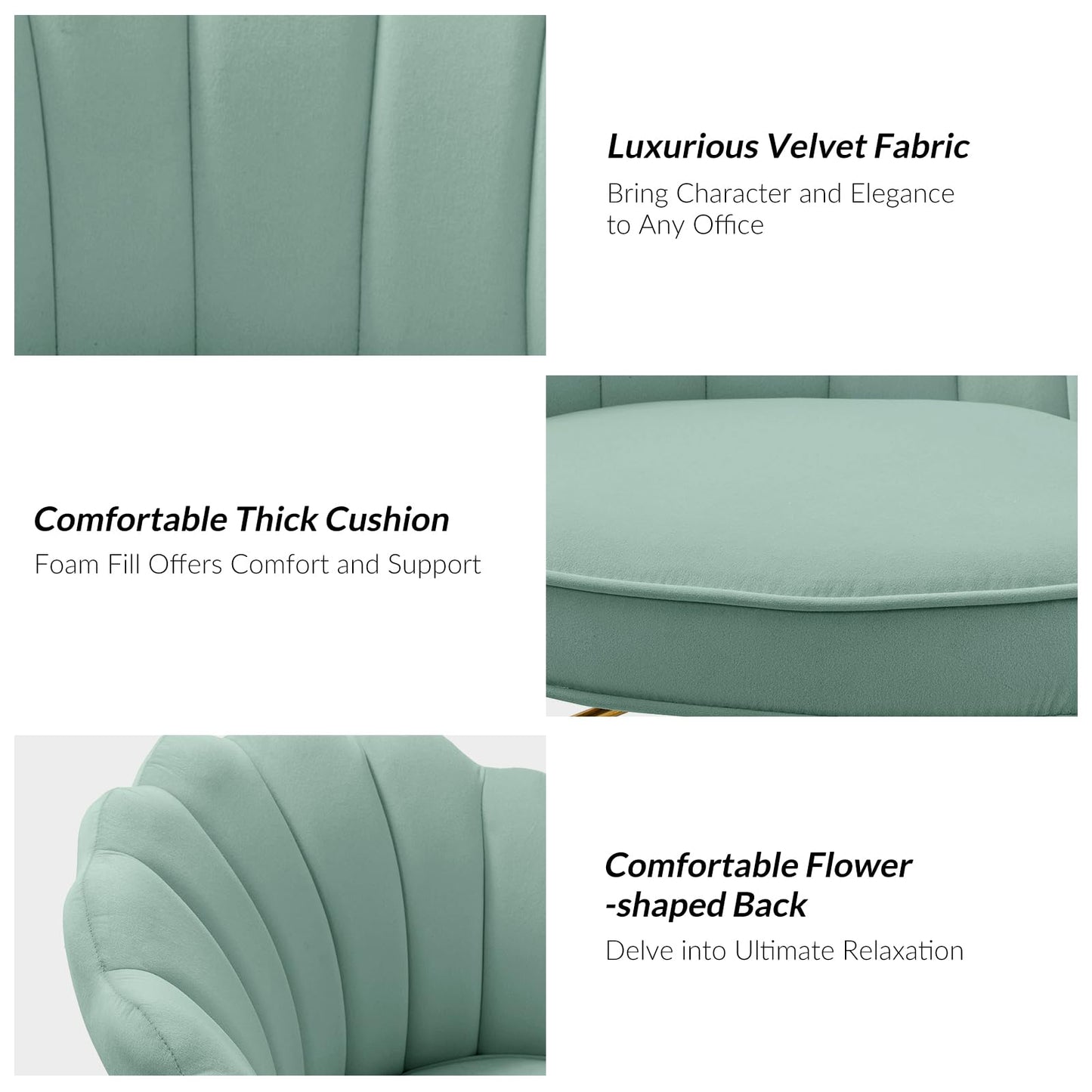 HULALA HOME Velvet Home Office Chair with Gold Base, Womans Modern Cute Shell Back Upholstered Desk Chair for Vanity, Adjustable Swivel Task Chair for Living Room, Sage