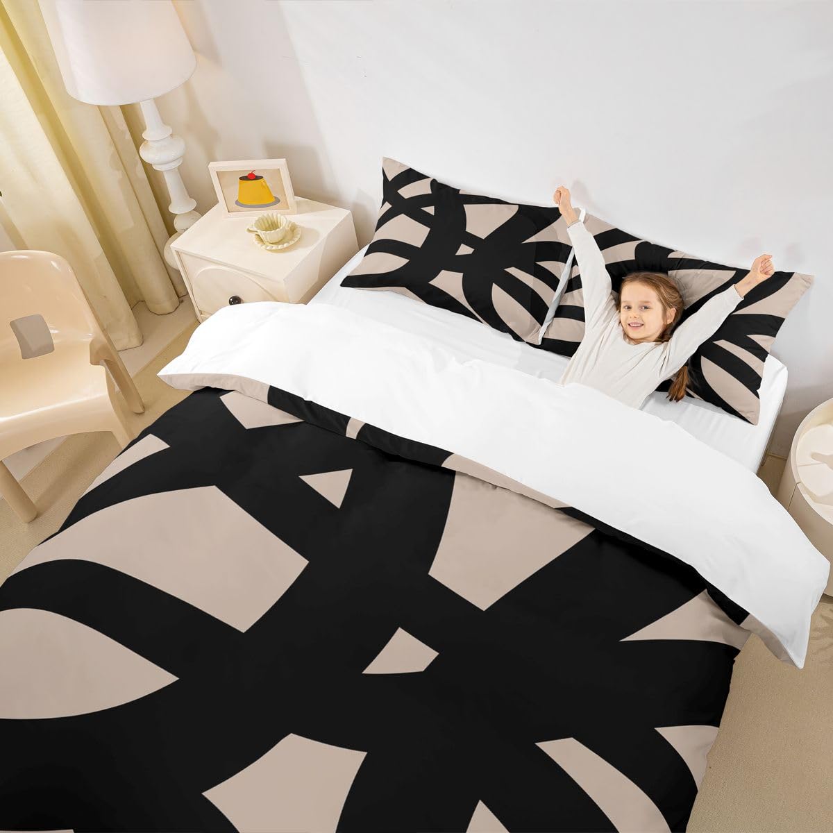 jejeloiu Black and Beige Bedding Set King Size Geometric Modern Comforter Cover Set for Kids Teens Adults Abstract Neutral Art Duvet Cover Abstarct Art Room Decorations 3Pcs with 2 Pillow Cases