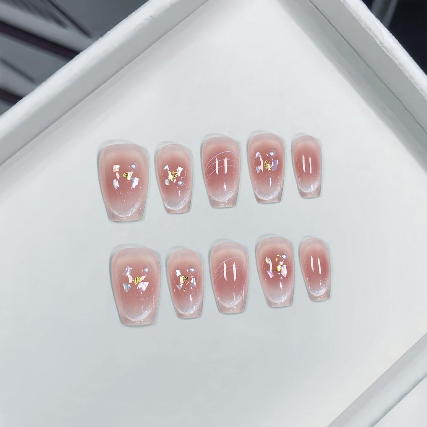 TENPAL 10Pcs Handmade Press on Nails with Kit | Pearl Blush Cat Eye Coffin Nails | Gold Leaf & Mother-of-Pearl Gradient Fake Nails Press ons | K-Beauty Sweet Detachable Pink Glue on Nails Set(XS)