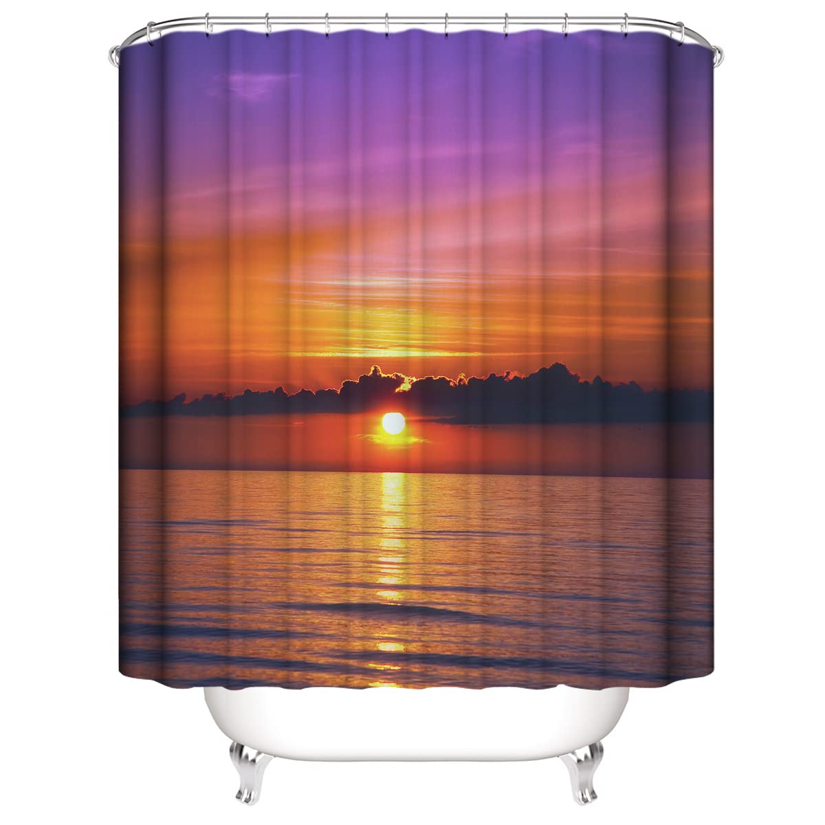 DDS-DUDES Beach Sunset Shower Curtain Set for Bathroom, Ocean Sunrise Purple Sky Shower Curtains Waterproof Polyester Curtains 71WX71H Inch with Hooks (Sunset 1)