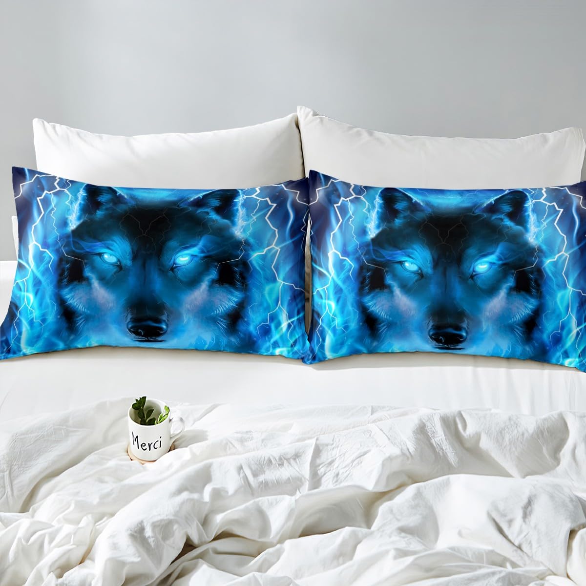 Wolf Bedding Set Safari Animal Pattern Bed Sheet Set Cool Wildlife Style Fitted Sheet for Boys Girls Kids Room Decor Glitter Blue Wild Wolf Lightweight Bed Cover Twin Size with 1 Pillow Case