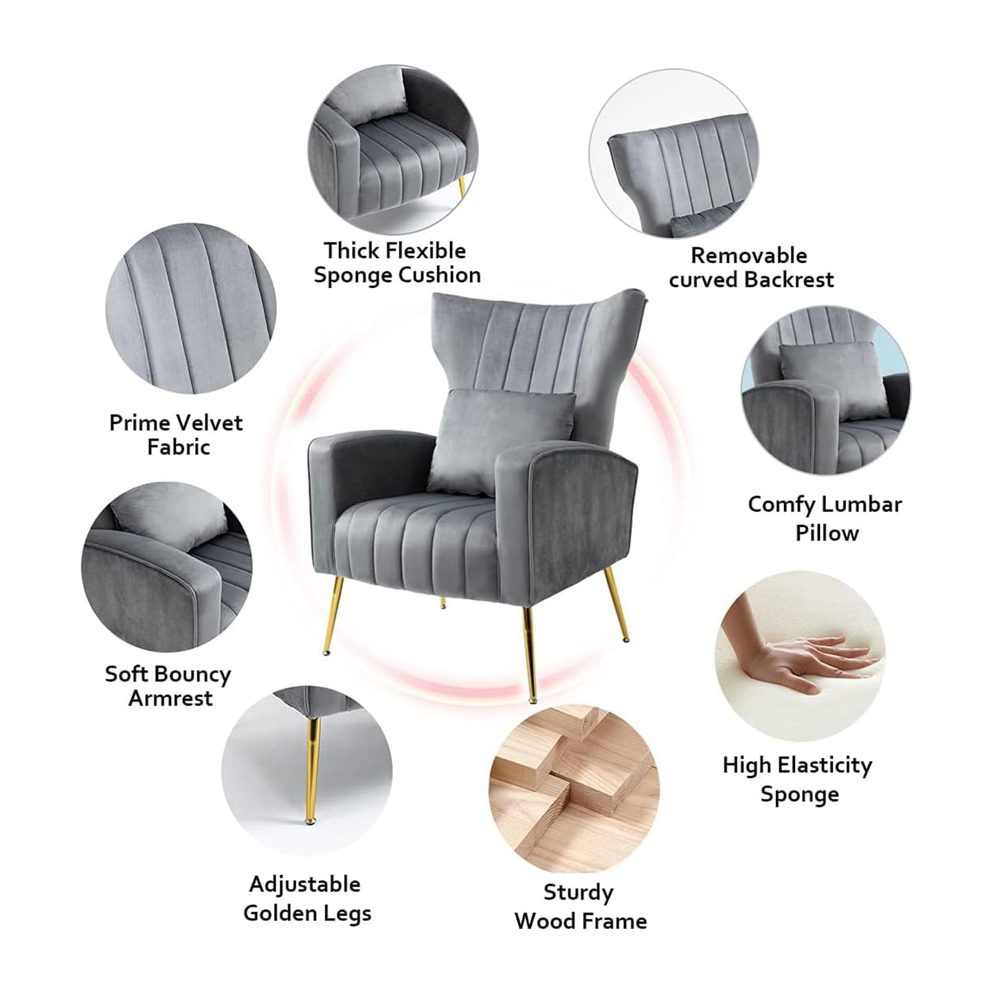 X-VOLSPORT Velvet Accent Chairs Set of 2, Mid Century Modern High Back Living Room Chair with Waist Pillow, Upholstered Arm Chair with Metal Gold Legs for Bedroom, Club, Grey