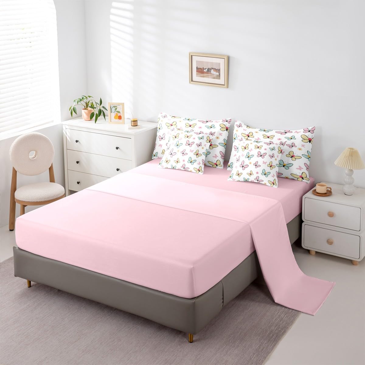 Feelyou Butterfly Comforter Set Queen Size 7 Pieces Cute Pink Bedding Set for Kids Boys Girls Kawaii Bed in a Bag with Comforter, Sheets, Pillowcases, Cushion Covers Soft