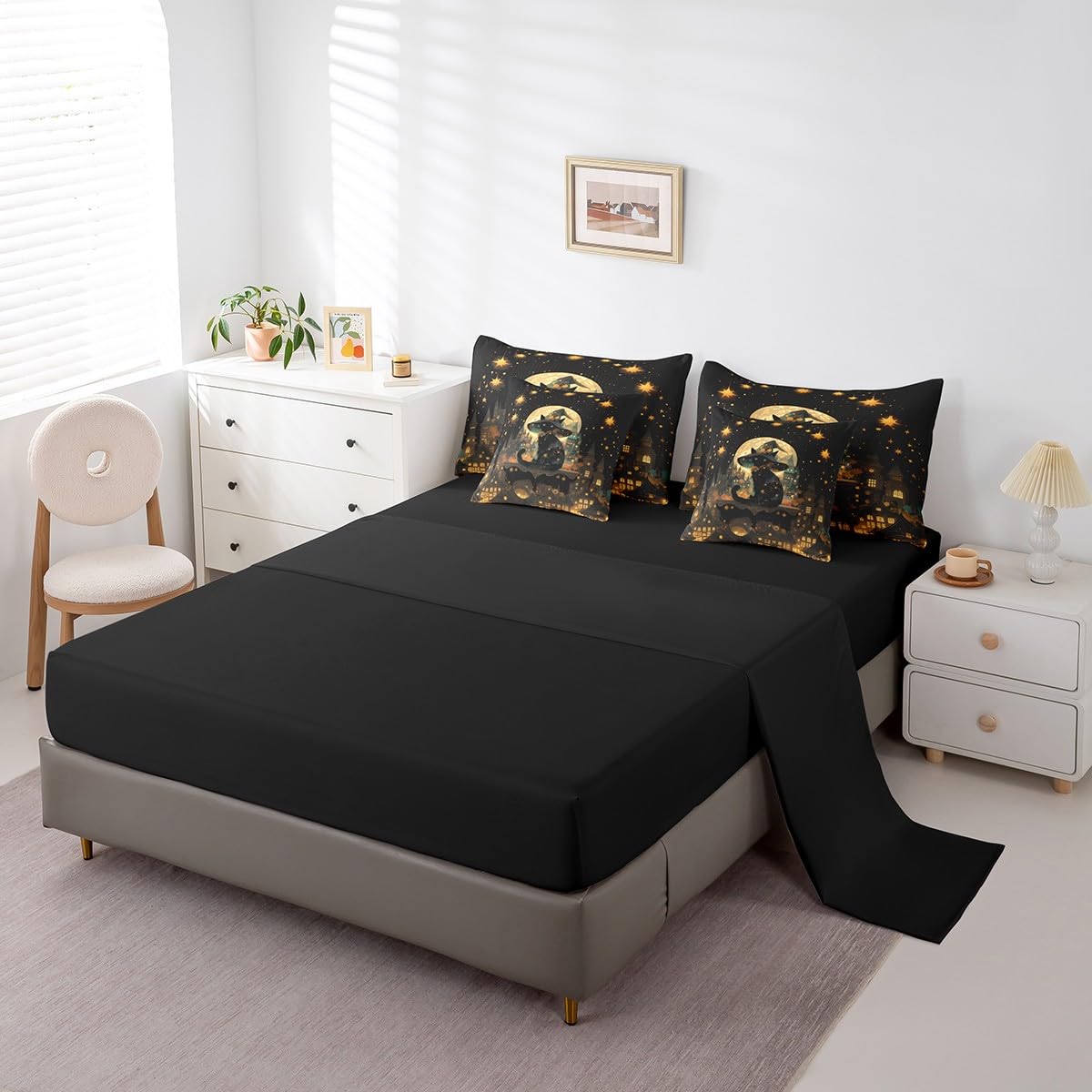 Feelyou Happy Halloween 7 Piece Bedding Set Twin Size Black Cat for Kids Boys Girls Teens Magic Hat Bed in a Bag Comforter Set with Sheets Horror Castle Bed Set