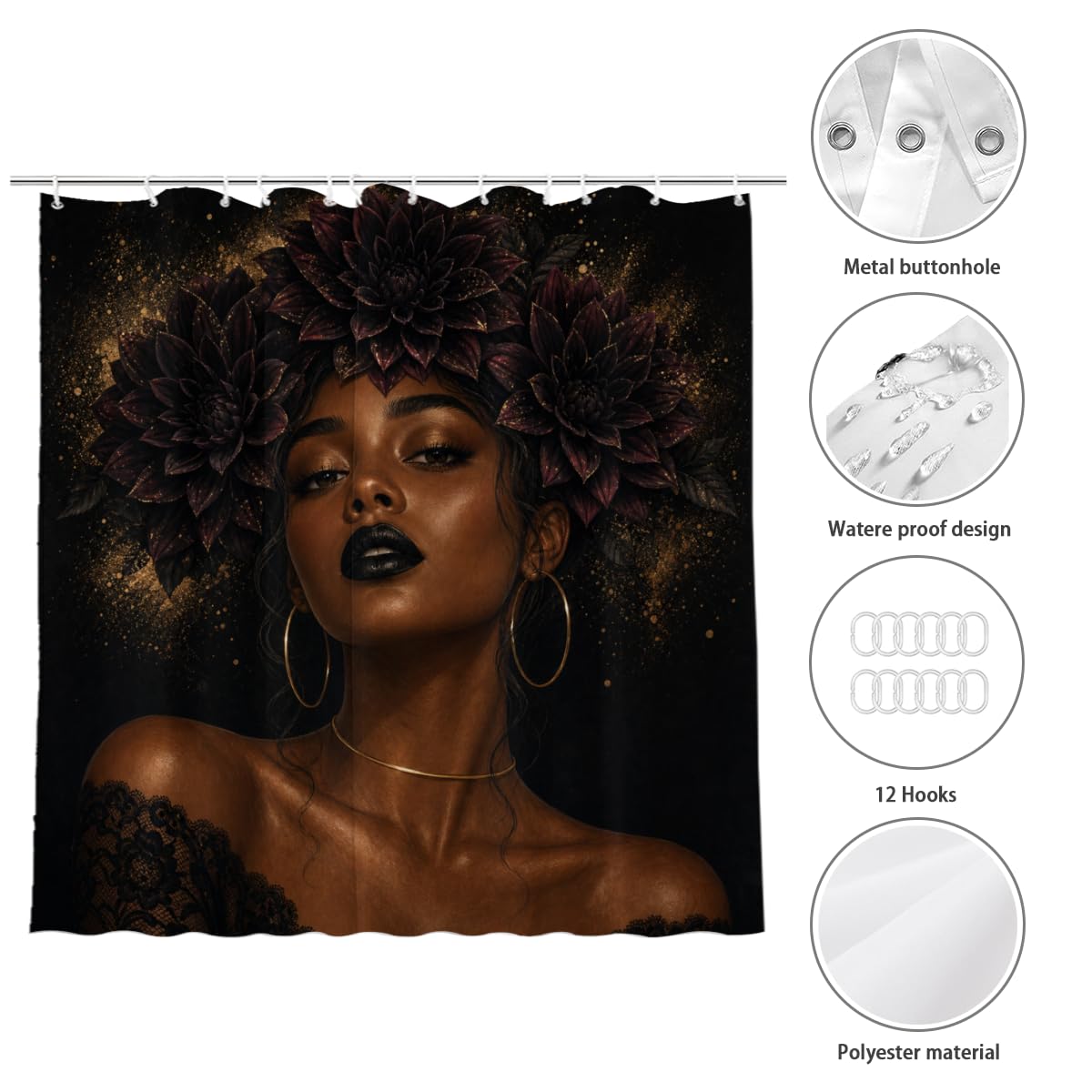 TopPacific Black Flower Crown Woman Shower Curtain 72x72 Inch Shower Curtain with 12 Hooks Polyester Woman Dark Flower Crown Black Background Bathroom Decor