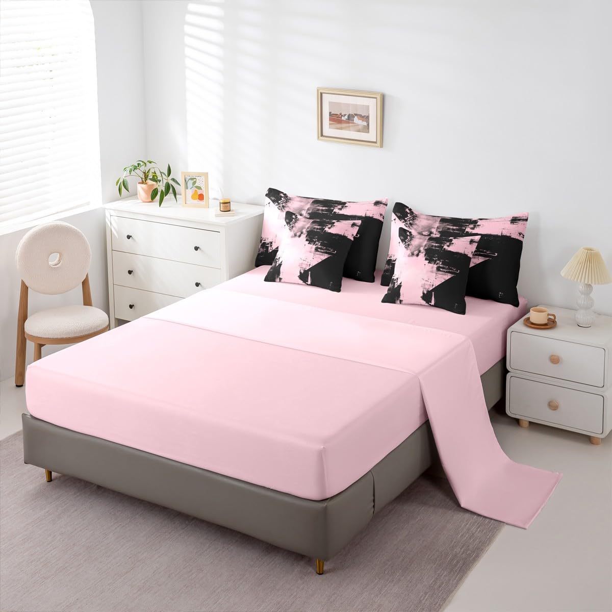 Feelyou Abstract Comforter Set King Size 7 Pieces Modern Abstract Art Bedding Set Luxury Bed in a Bag with Comforter, Sheets, Pillowcases, Cushion Covers Geometric Bedroom Decor Pink and Black