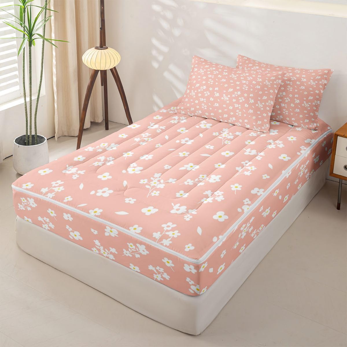 Feelyou White Yellow Orange Flower Zipper Bedding Twin Botanical Zipper Bedding Sets for Kids Boys Girls Bohemian Wildflower Comforter Set with Fitted Sheet and 2 Pillowcases Bedroom Decor