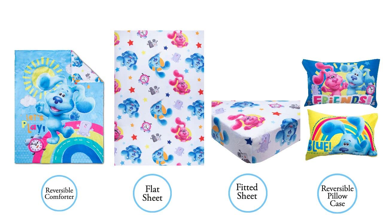 Blue's Clues 4 Piece Toddler Bedding Set - Includes Comforter, Fitted Sheet, Top Sheet, and Pillow Case - Blue's Clues Character Design for Toddler Bed