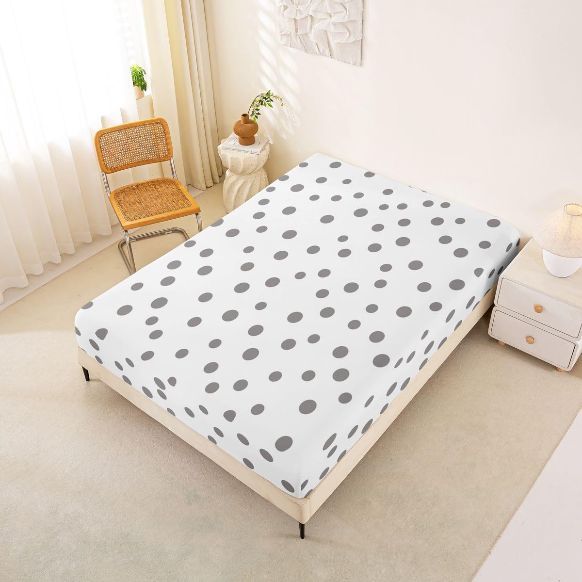 jejeloiu Polka Dots Fitted Sheet with 2 Pillowcases Full Size White Gray Bed Sheets Set 16" Deep Pocket Boys Girls Circles Geometric Bedding Modern Simple Teens Bedroom Decor Breathable Soft