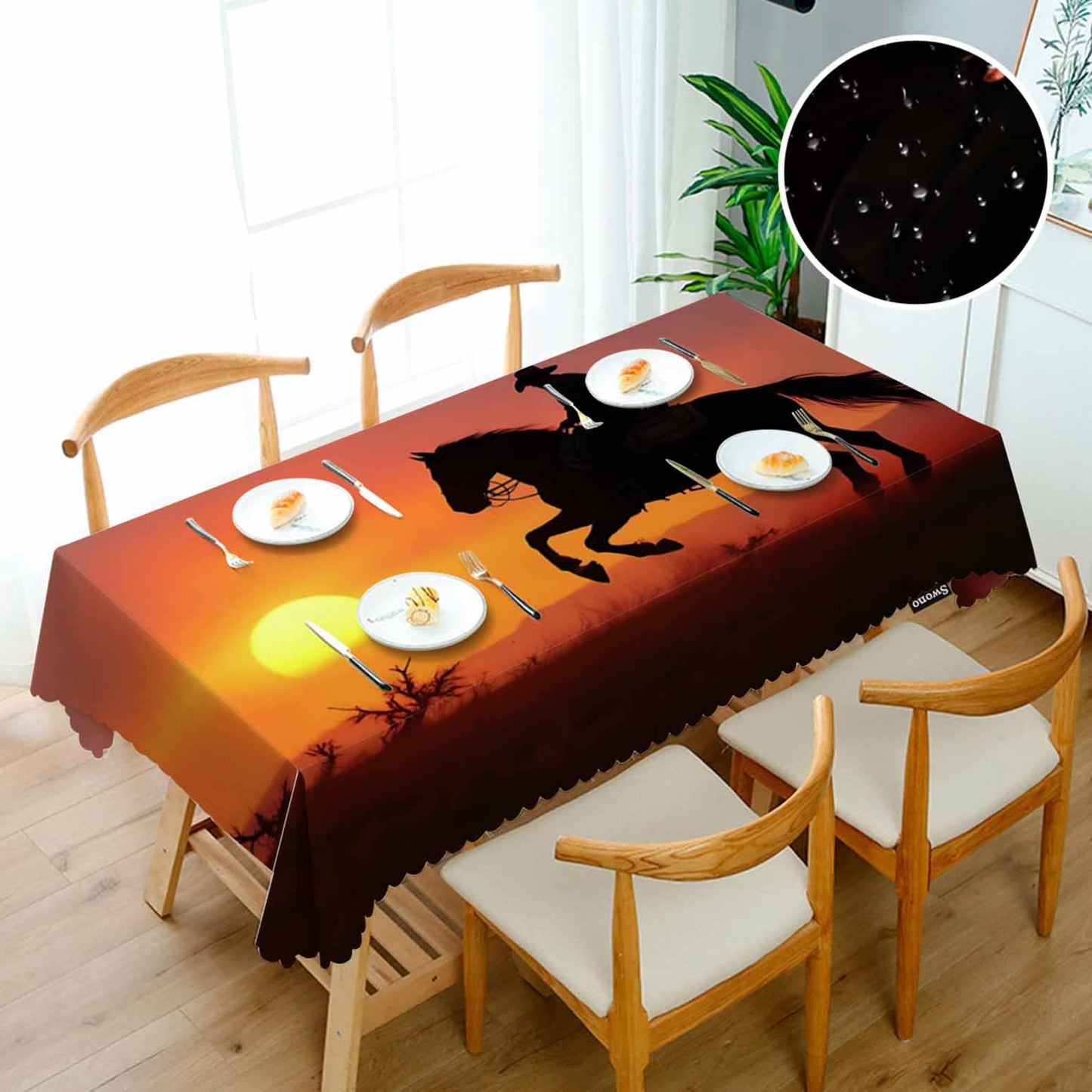 Swono Rectangle Tablecloth Cowboy Table Cover 52x70 Inch Western Cowboy Horse Sunset Ranch Heavy Duty Table Cloth for Rectangle Tables Decorative Tablecloth for Dining Party Camping BBQ