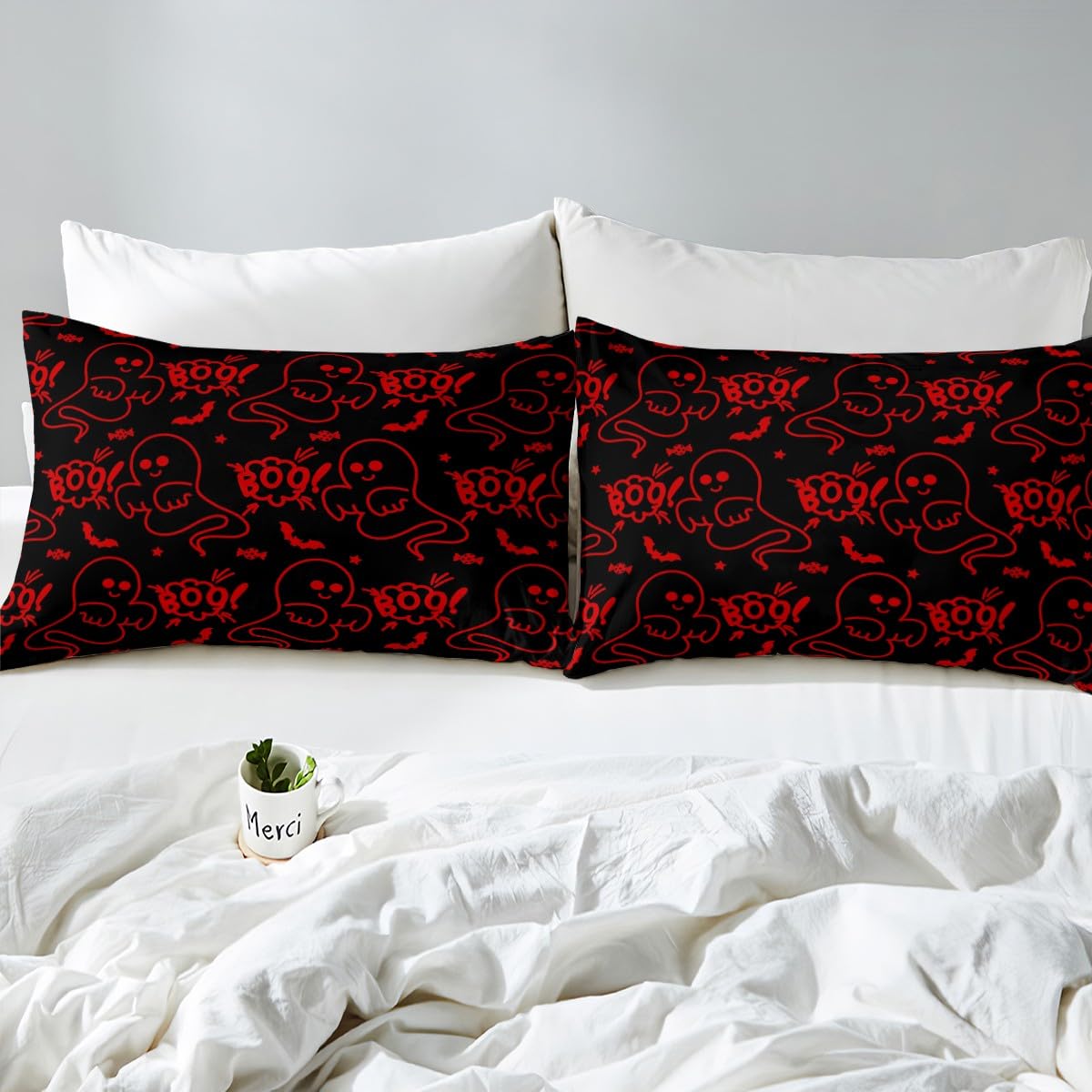 Feelyou Halloween Sheets Set Cartoon Ghost Twin Size Bedding Set Decoration for Kids Boys Girls Red Fitted Sheet Ghost Festival Themed Bed Sheet Set Collection