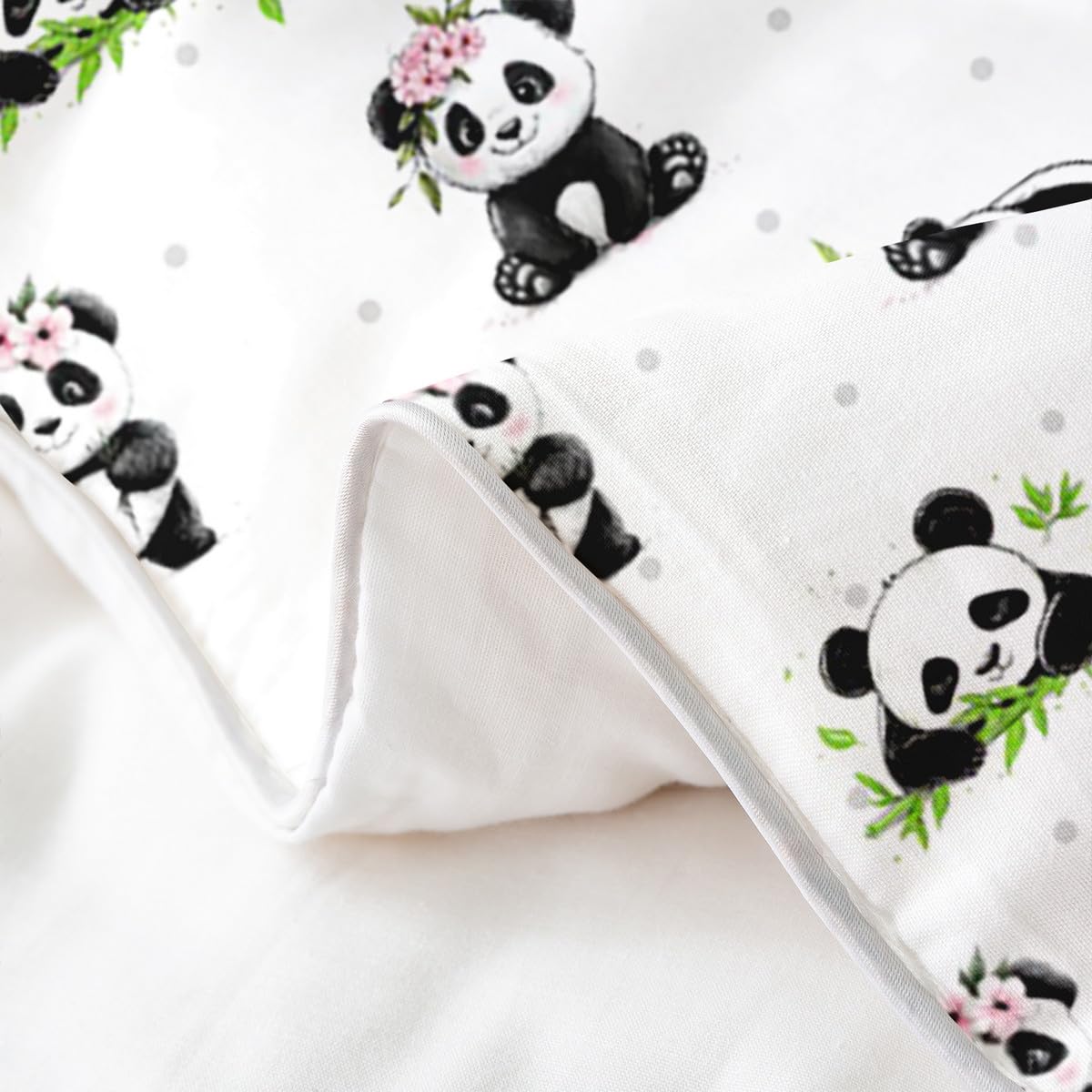 Manfei Cute Panda 100% Cotton Duvet Cover Set Twin Size, Pink Flower Green Bamboo Bedding Set 2pcs, Cartoon Animals Quilt Cover, Kids Girls Teens Room Decor, 1 Pillowcase,No Comforter