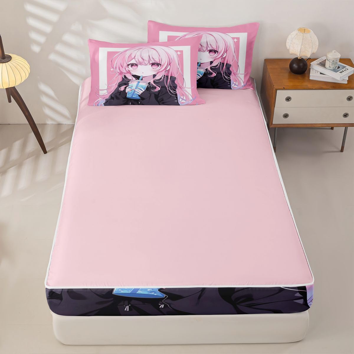Erosebridal Kawaii Japanese Style Kids Comforter Set with Zipper, Anime Girl Drinking Milk Tea Twin Size Zipper Bedding Set, Japanese Animation Bed-in-A-Bag