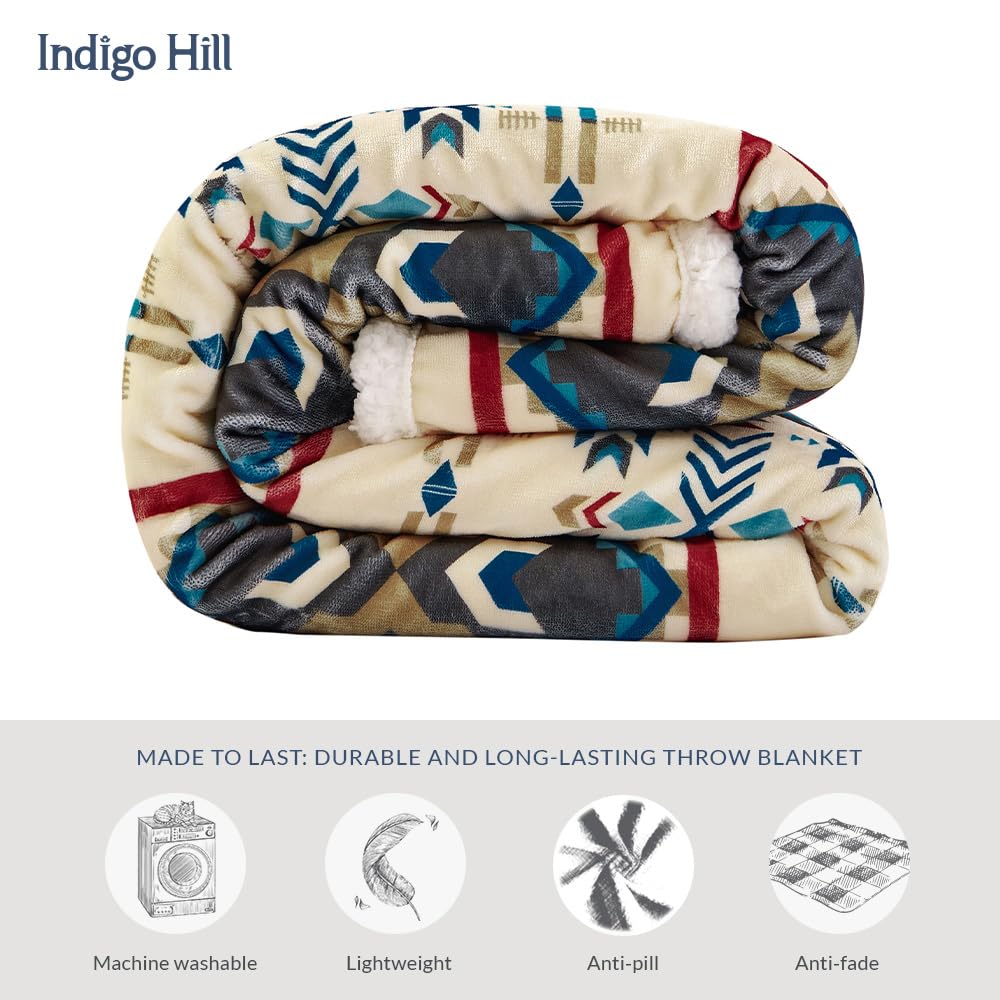 Paseo Road Indigo Hill by HiEnd Accents Spirit Valley Aztec 3 Piece Sherpa Throw Blanket Set, Tribal Navajo Print Fleece Throw Set, Western Southwestern Style, 1 Throw and 2 Throw Pillows