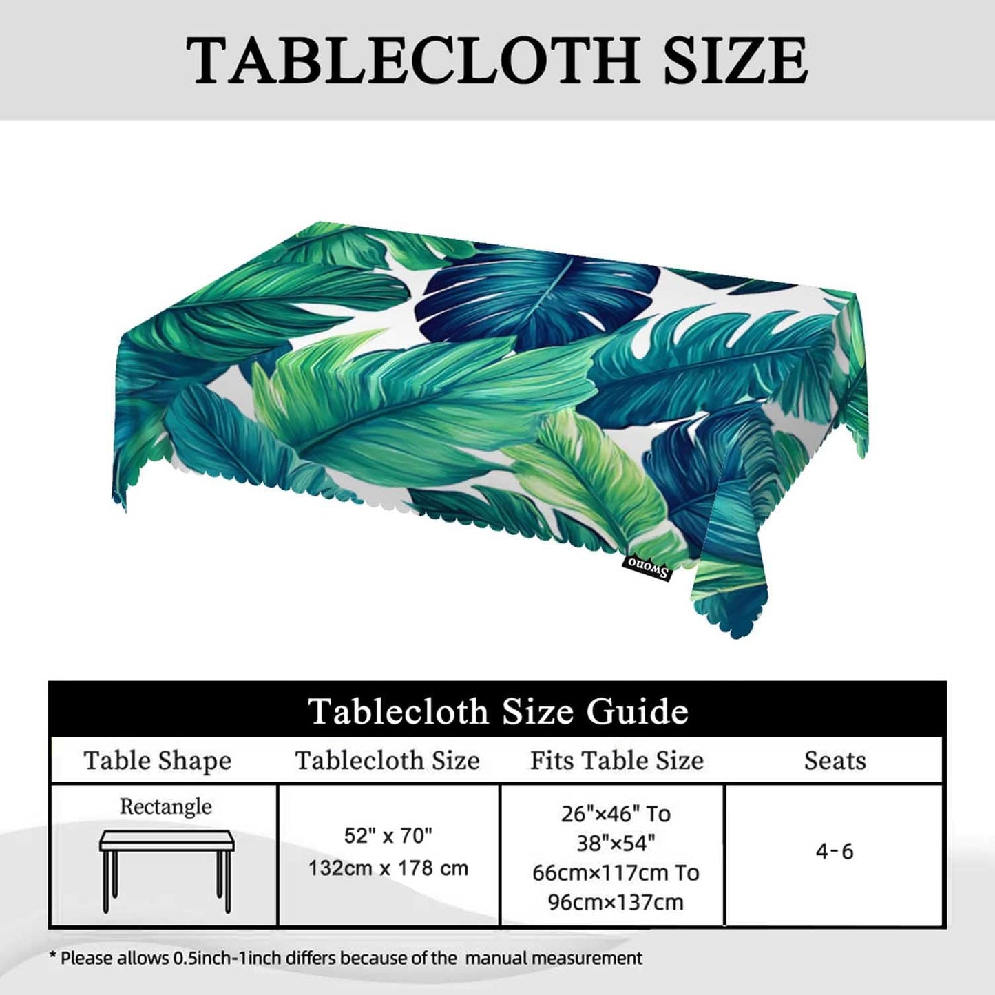 Swono Tropical Leaves Tablecloth Ocean Beach Turquoise Green Palm Leaves Rectangle Table Cloth Washable Plaid Table Cover for Kitchen Holiday Dinner, 52x 70 Inch Tablecloth