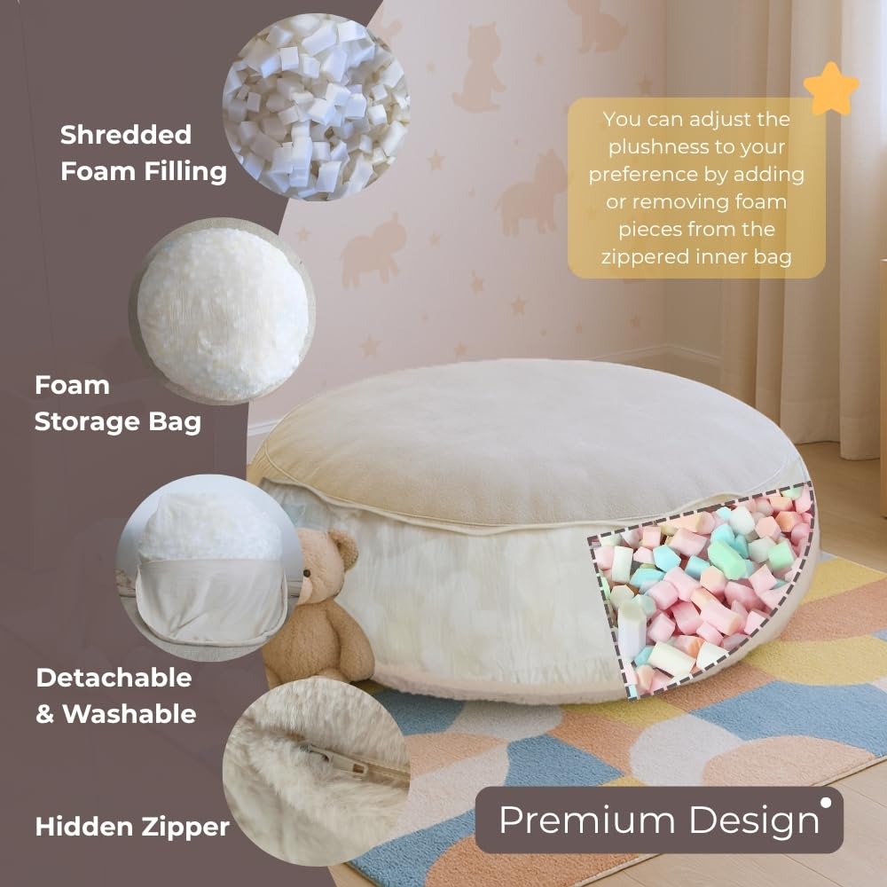 Wonder Space Bean Bag Chair – Soft Foam Filling | Removeable & Washable Cover | Ultra-Soft Plush Fabric - Minimalist Floor Cushion for Kids & Adults, Gaming, Reading and Relaxing, Beige