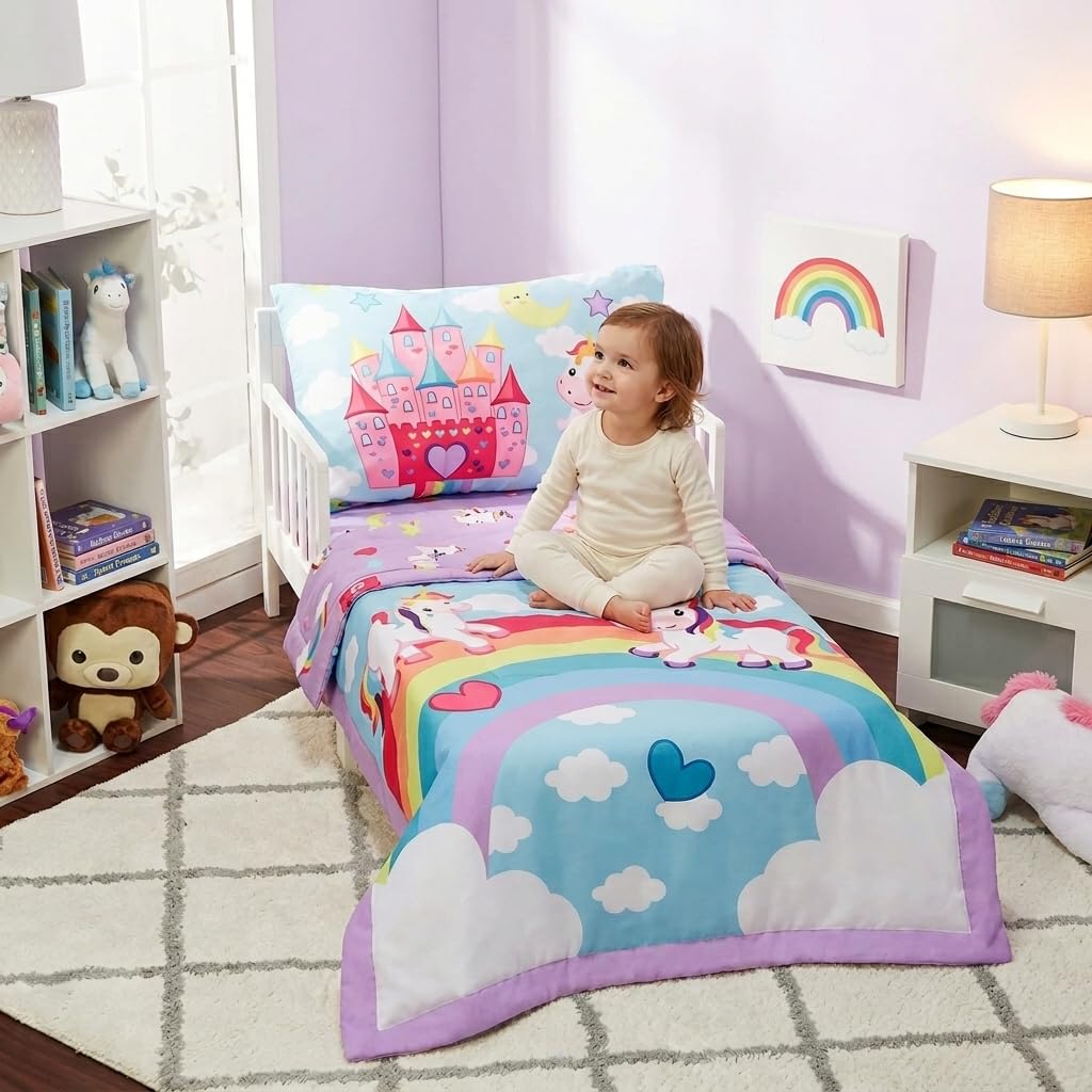 EVERYDAY KIDS 4 Piece Toddler Bedding Set - Unicorn Dreams - Includes Comforter, Flat Sheet, Fitted Sheet and Reversible Pillowcase