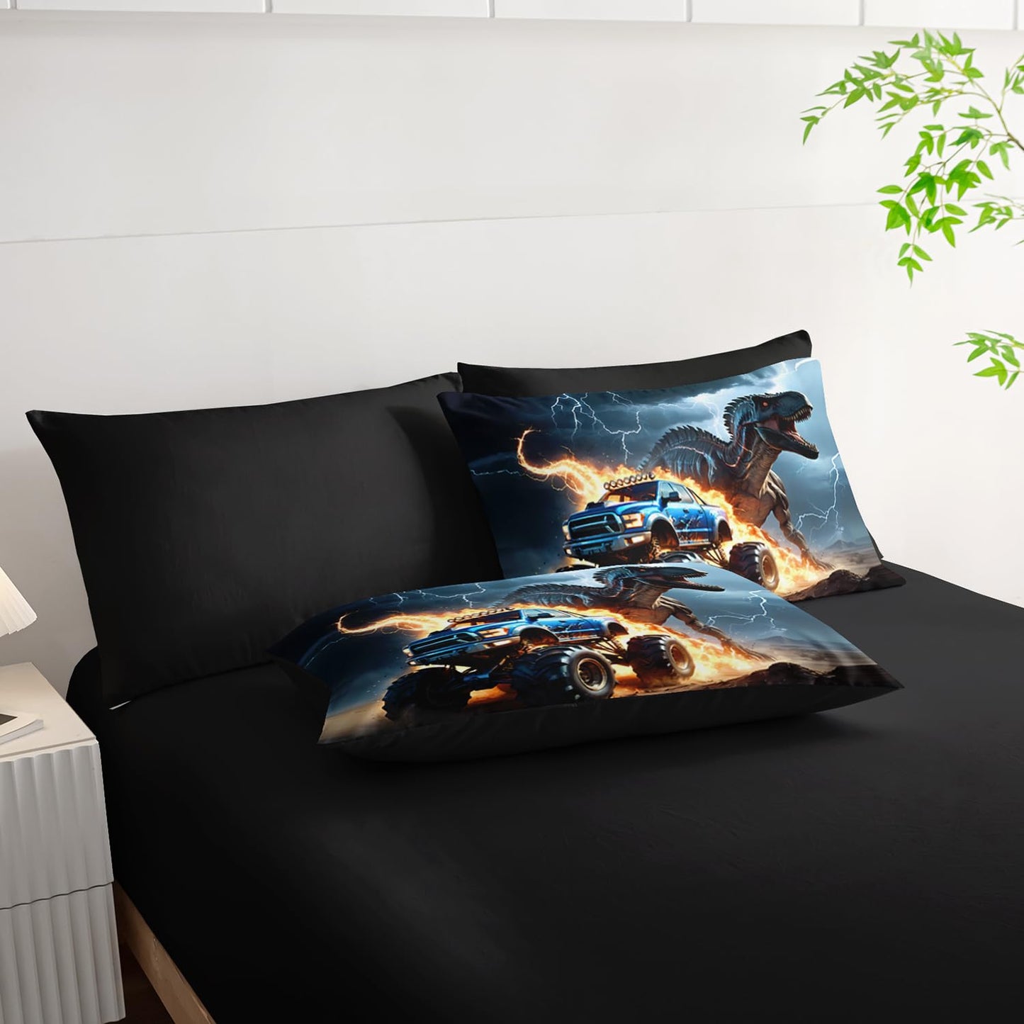 AILONEN Boys Dinosaur Comforter Set Full,7Pcs Cartoon Monster Truck Bed in a Bag for Kids,Soft Breathable,3D Printed Comforter & Fitted Sheet with Flat Sheet & 2 Pillowcases,2 Pillow Shams,Black